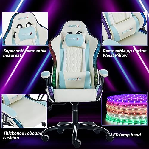 Miniatura 5 de Silla de juegos para niños con luces LED RGB, sillas de juegos para niños de 8 a 14 años, silla de juegos LED con soporte lumbar ajustable y
