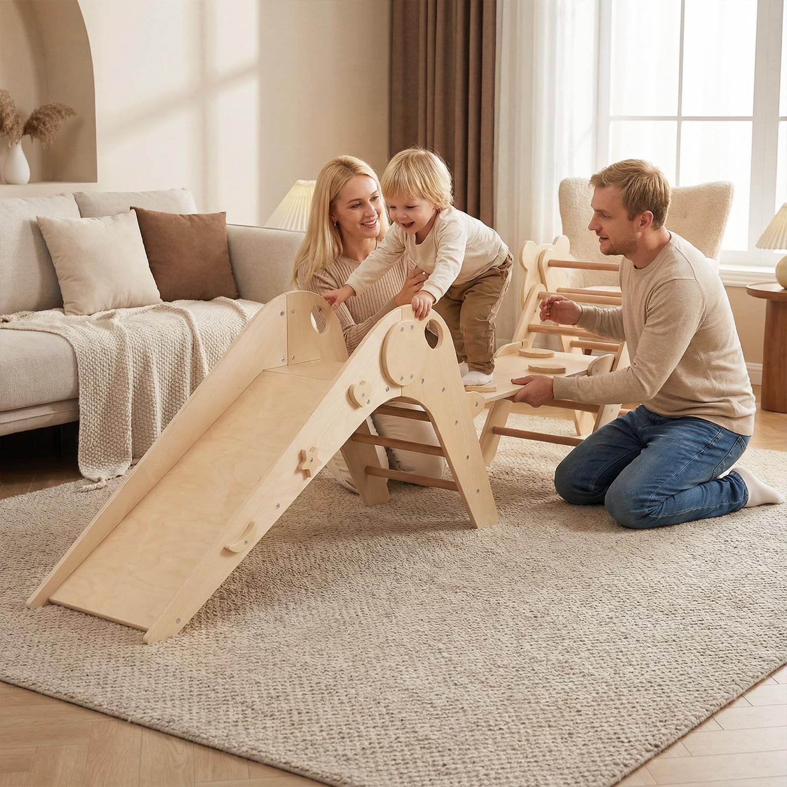 COSTWAY Set da Arrampicata per Bambini, Set Montessori Pieghevoli in Legno, Parco Giochi per Bambini con Scivolo, Rampe, Scala e Blocchi, 3 Anni + (Naturale)