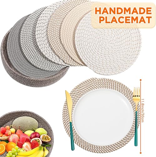 Miniatura 4 de SiliFine 12 manteles individuales y posavasos bohemios, hechos a mano, trenzados, resistentes al calor, manteles individuales redondos tejidos para