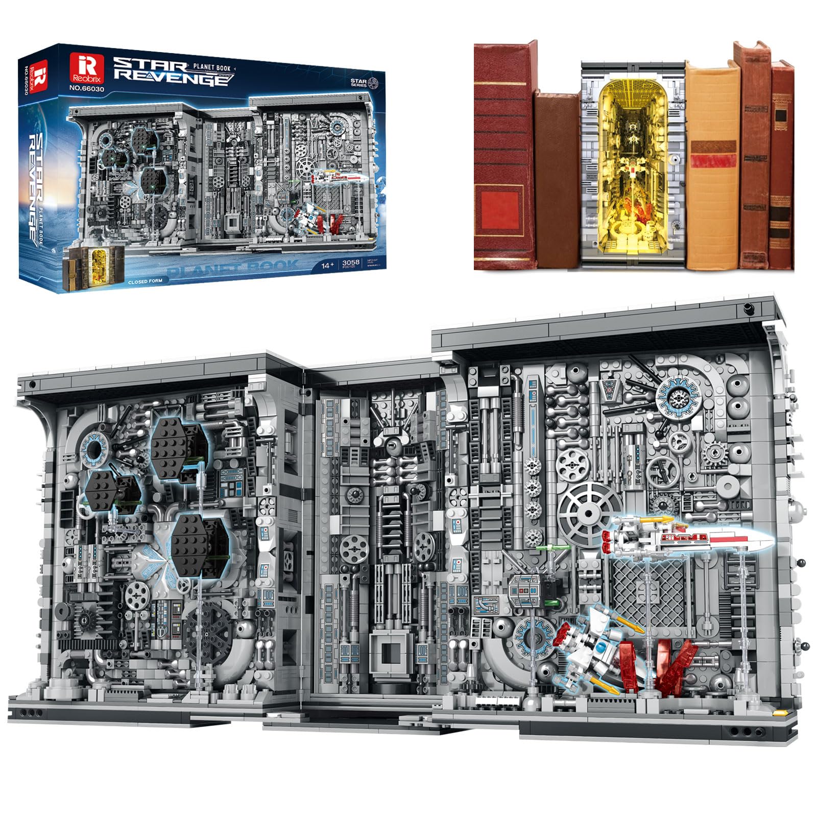 Reobrix Space War Book Nook Building Toy with Light for Adults, Star Planet Station Bookend Home Decor Organizer, 66030 Booknook Book Shelf Collectible Brick Gift for Boy Girl (3058 PCS) — image 1