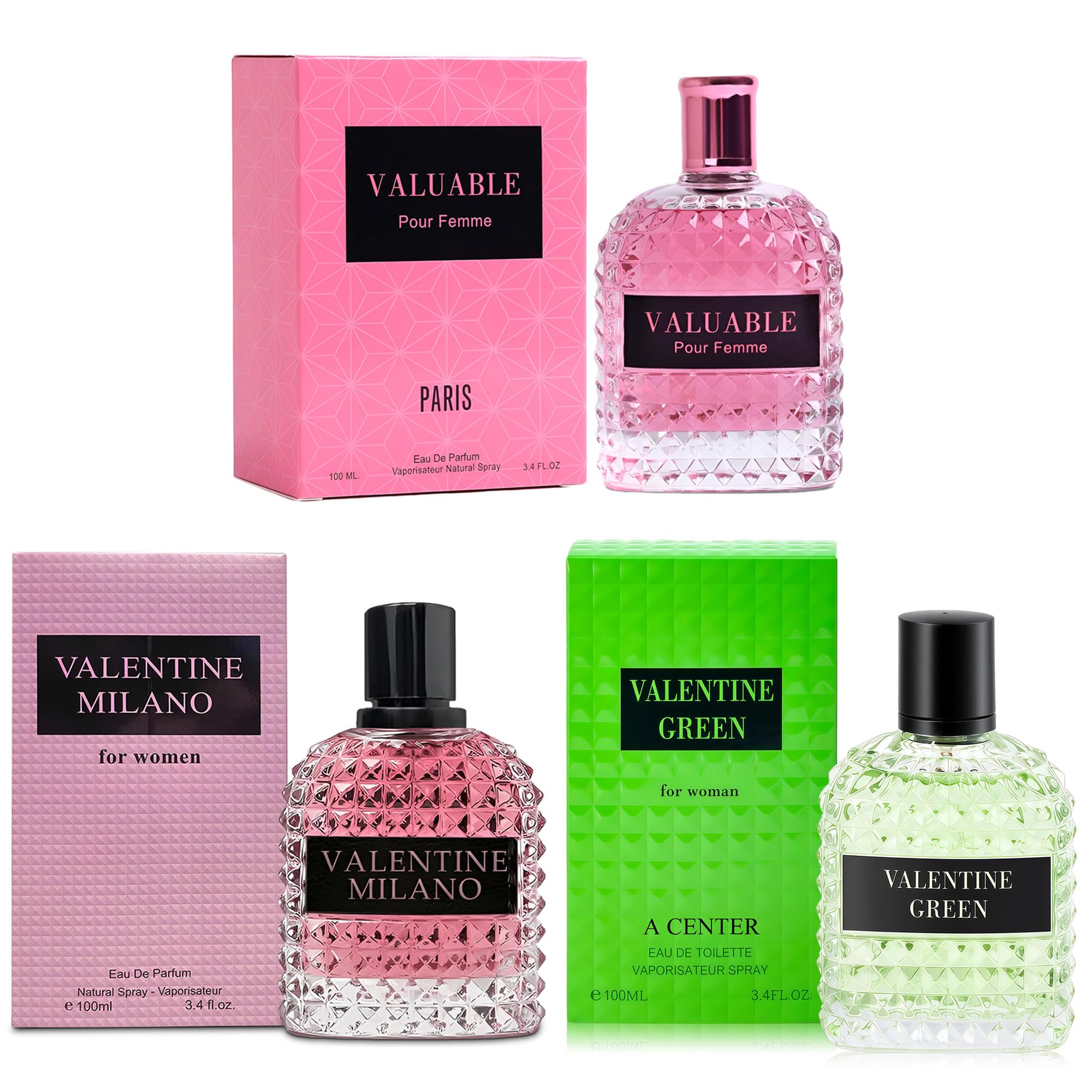 A CENTER Perfume Set for Women - 3 Pack Floral Long Lating Fragrance | with peony Rose & Lily of the Valley | 3.4 Fl Oz Each Women Cologne Gift Set (Milano/Valuable/Valen Green) Milano&Valuable&Valentine Green