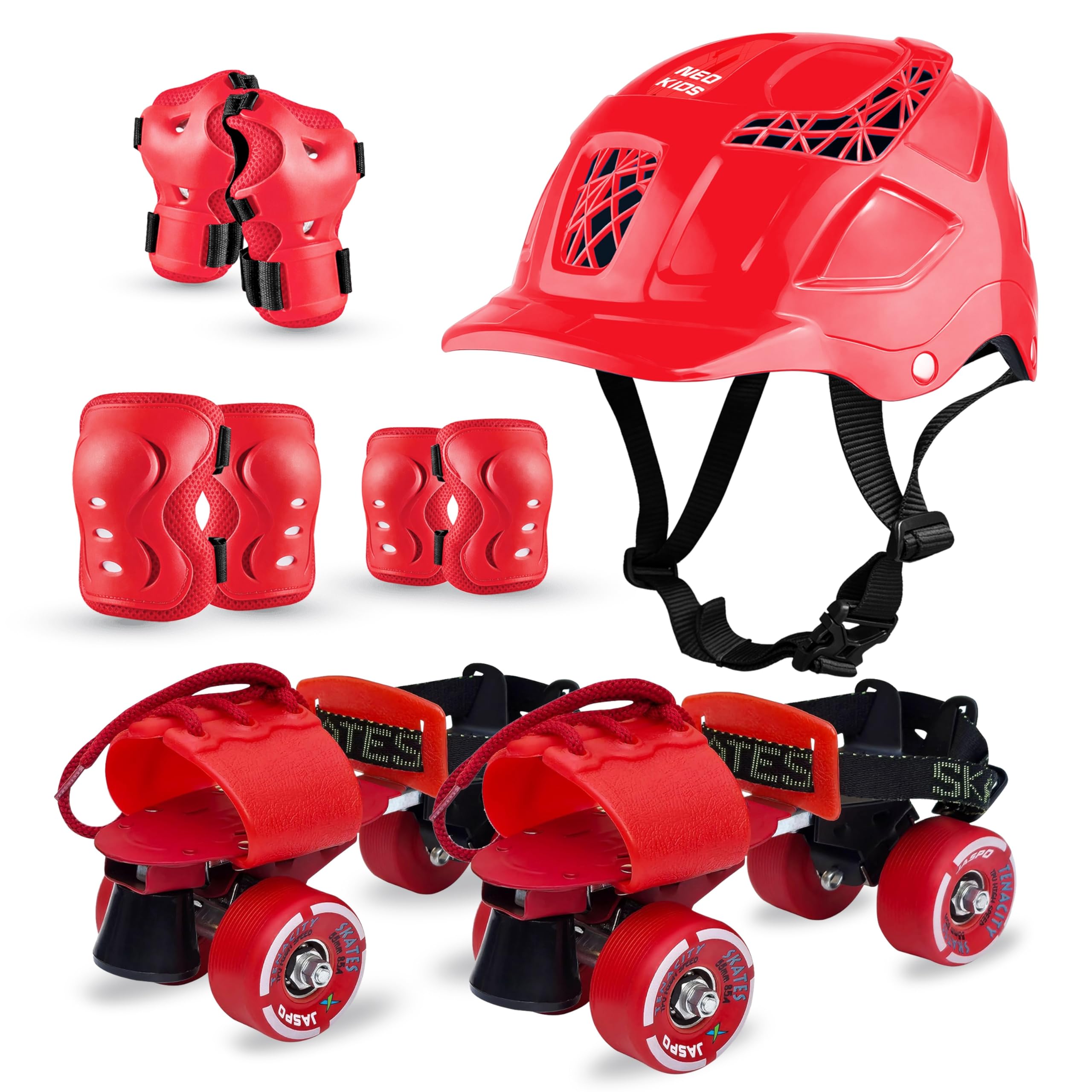 Jaspo Tenacity Red Pro Adjustable Senior Speedwheel Roller Skates Combo Suitable for Age Group 6 to 14 Years Unisex (Skates+ Helmet + Knee Guard+ Elbow Guard +Wrist Guard+Key)
