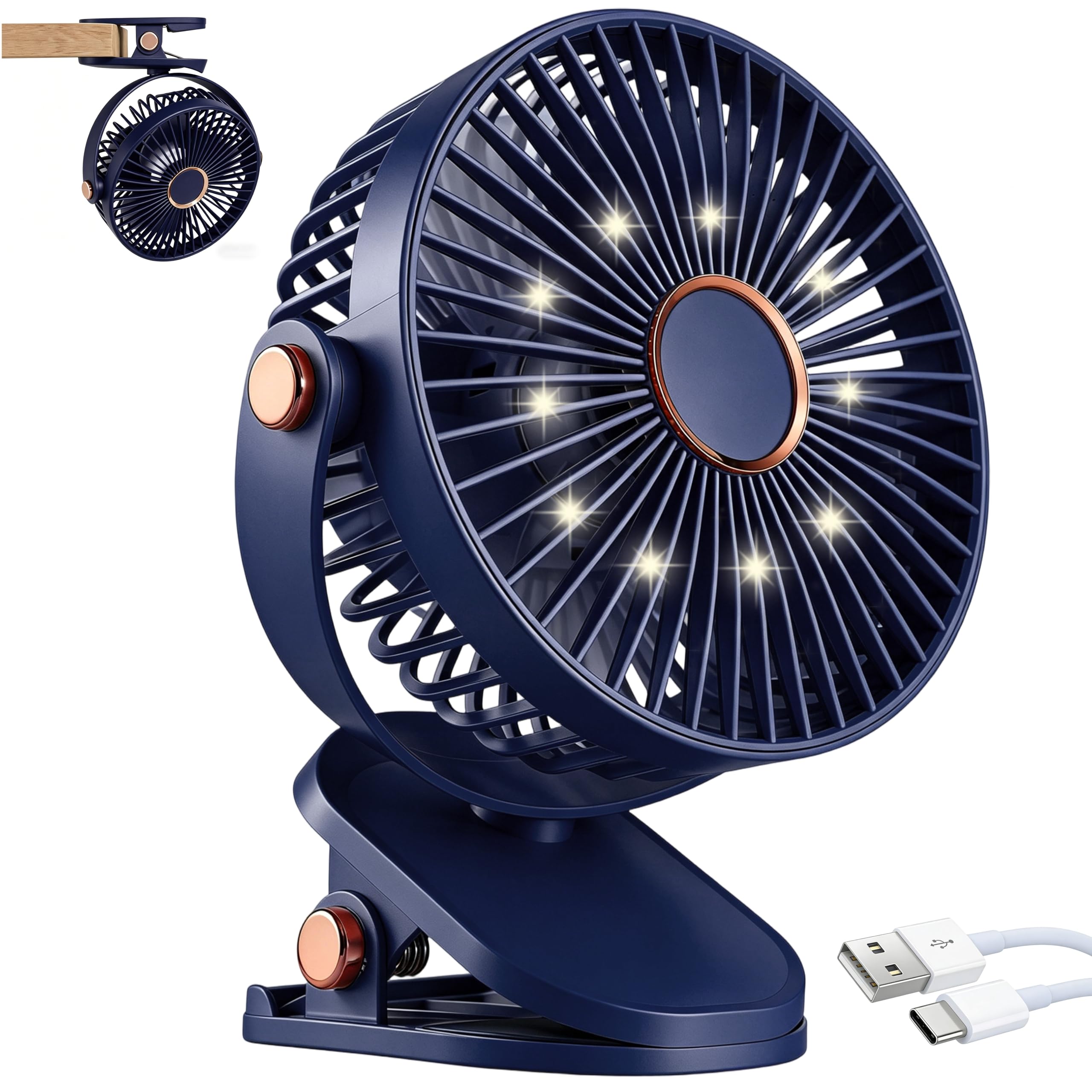 Portable Clip on Fan, 4000mAh 3 In 1 Mini Desktop Fan, Quiet Rechargeable Table Fan with LED Lights, 720° Rotation, 5 Speeds Ideal for Home Office, Bedroom, Desk Top, Stroller, Camping, Travel (Blue)