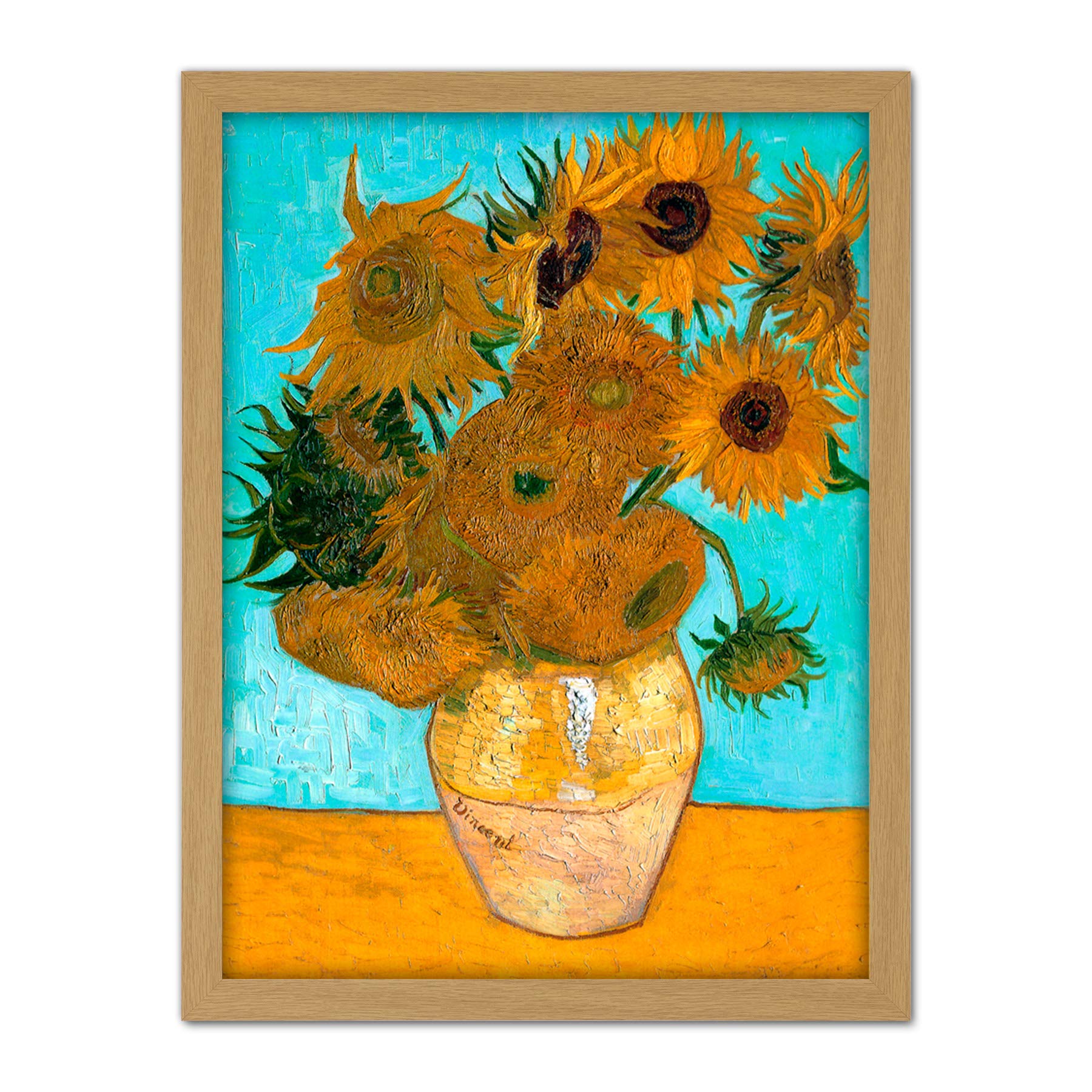 Wee Blue Coo Van Gogh Vase With Twelve Sunflowers Artwork Framed Wall Art Print 18X24 Inch