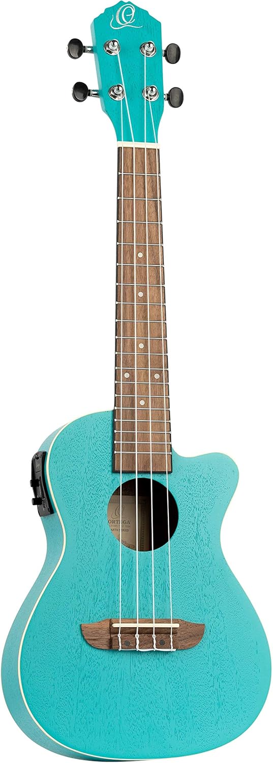 Ortega Guitars, 4-String Earth Series Concert Acoustic/Electric Ukulele, Right, Turquoise, (RULAGOON-CE)