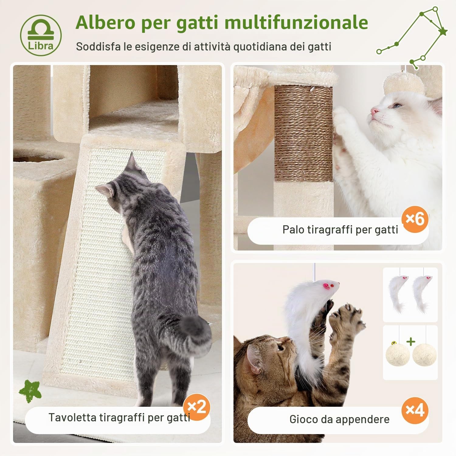 Globlazer Tiragraffi Beige XXL per Gatti Adulti Alto 200 cm con 2 Grandi Piattaformas, 2 Grand Grotta, 2 Rampas Sisal, 2 Cestini, Albero Tiragraffi 2m Stabile per Multipli Gatti Grandi (Z78, Beige)