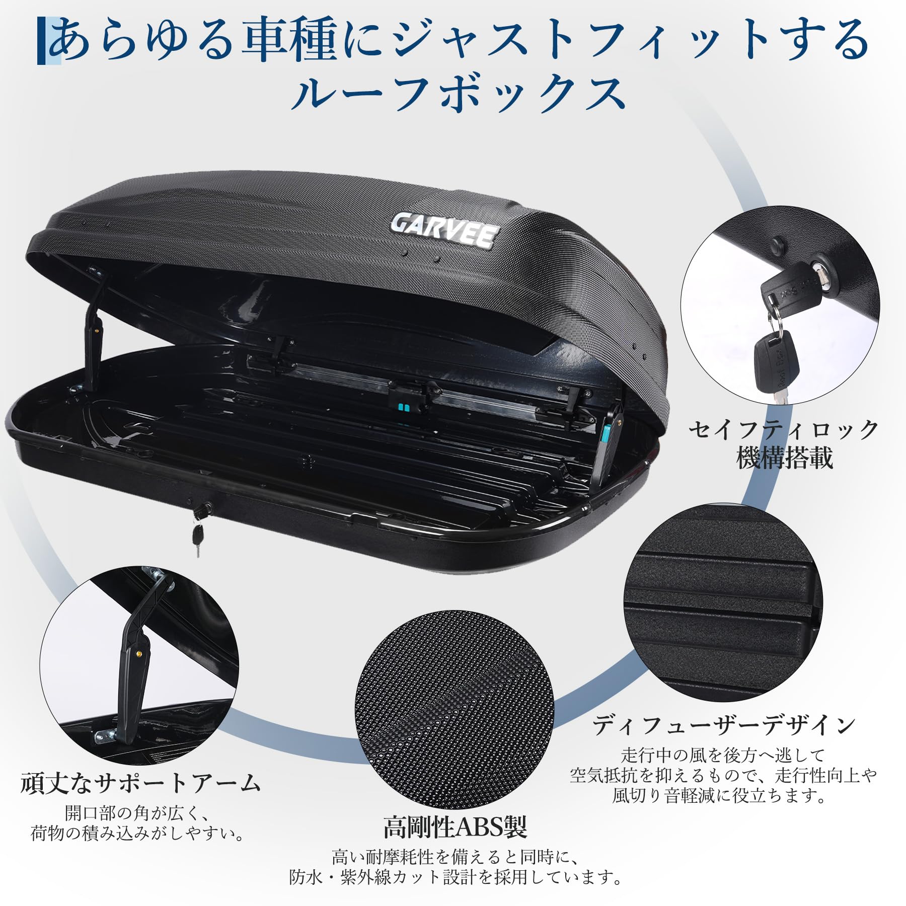 ルーフボックス 340L 大容量 左右両開き 着脱簡単 鍵付き 軽量 高耐久 高剛性 クロスバー対応 旅行用 ブラック | 車載 キャリア ルーフキャ… — 商品詳細画像 5