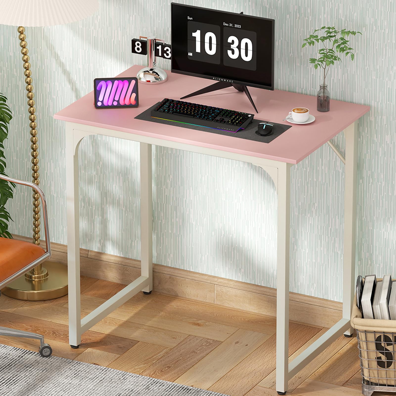 BLKMTY 32" Home Office Desk, Computer Desk Writing Wood PC Study Table Work Desks Modern Simple Style Laptop Table with Metal Frame and Smooth Tabletop for Workstation Bedroom, Pink