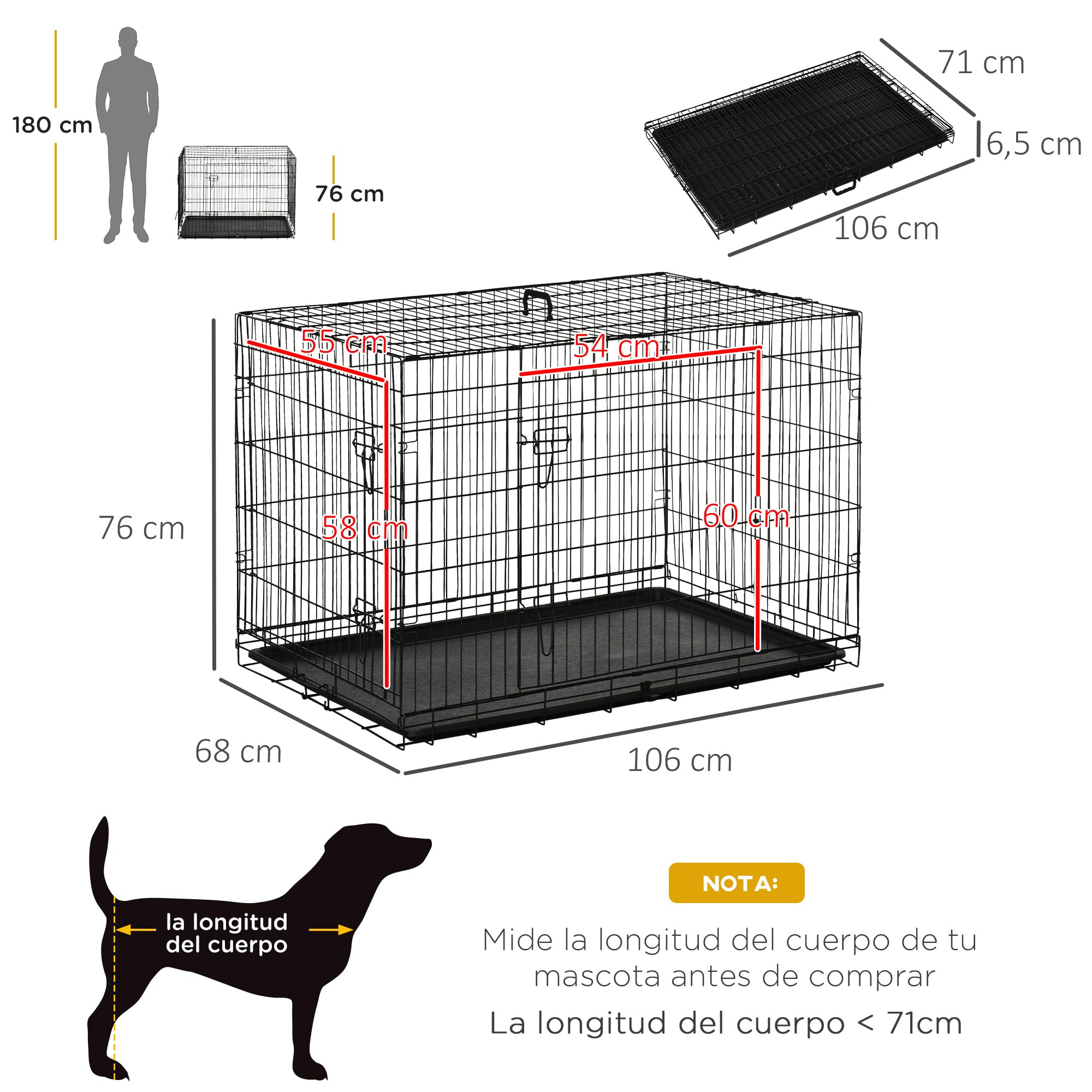 PawHut Transportín de Perro de 2 Puertas Jaula de Alambre para Perros Plegable con Asa Acero 106x71x76cm Negro