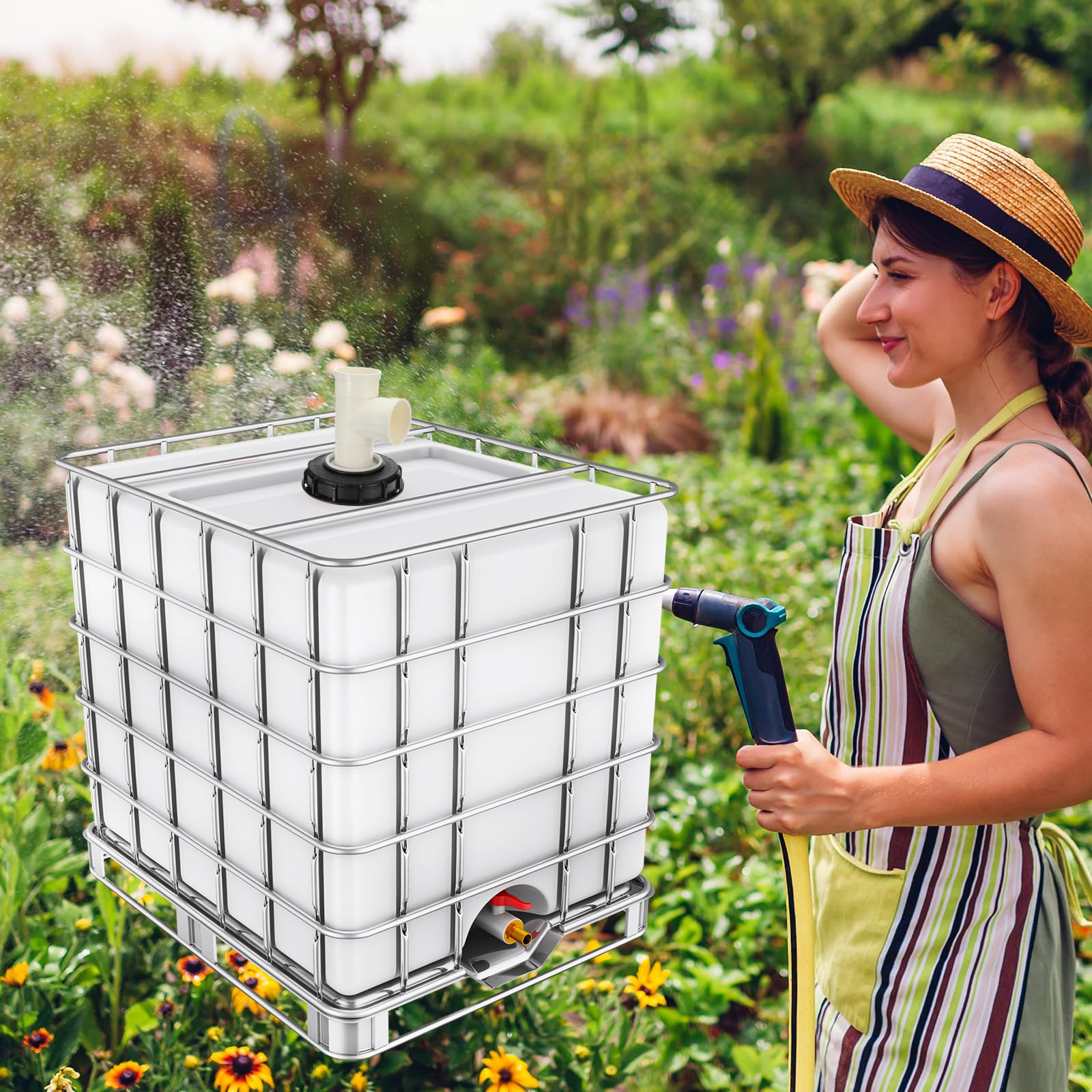 QUARKZMAN 163mm Tapa de Filtro de IBC, Adaptador de Manguera de Tote IBC de Plástico de 3 Vía para Contenedor de Tanque de Agua de Lluvia de 1000L para Tanque de Agua de 275gal, Negro/Blanco