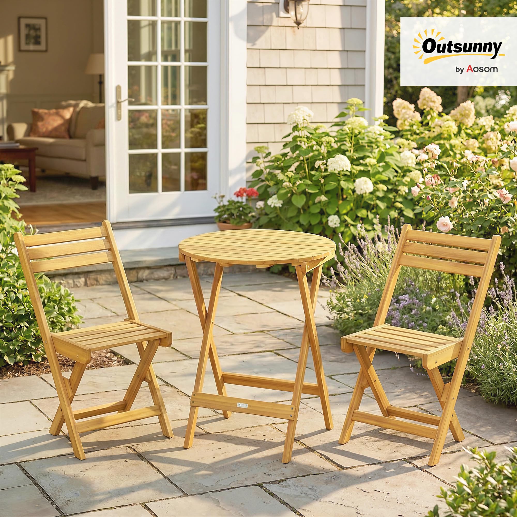 Outsunny Ensemble de Bistrot 3 Pièces Pliable en Bois d'Acacia, Table Ronde 60 cm et 2 Chaises à Lattes san Montage, Salon de Jardin Extérieur pour Balcon Patio Jardin, Naturel