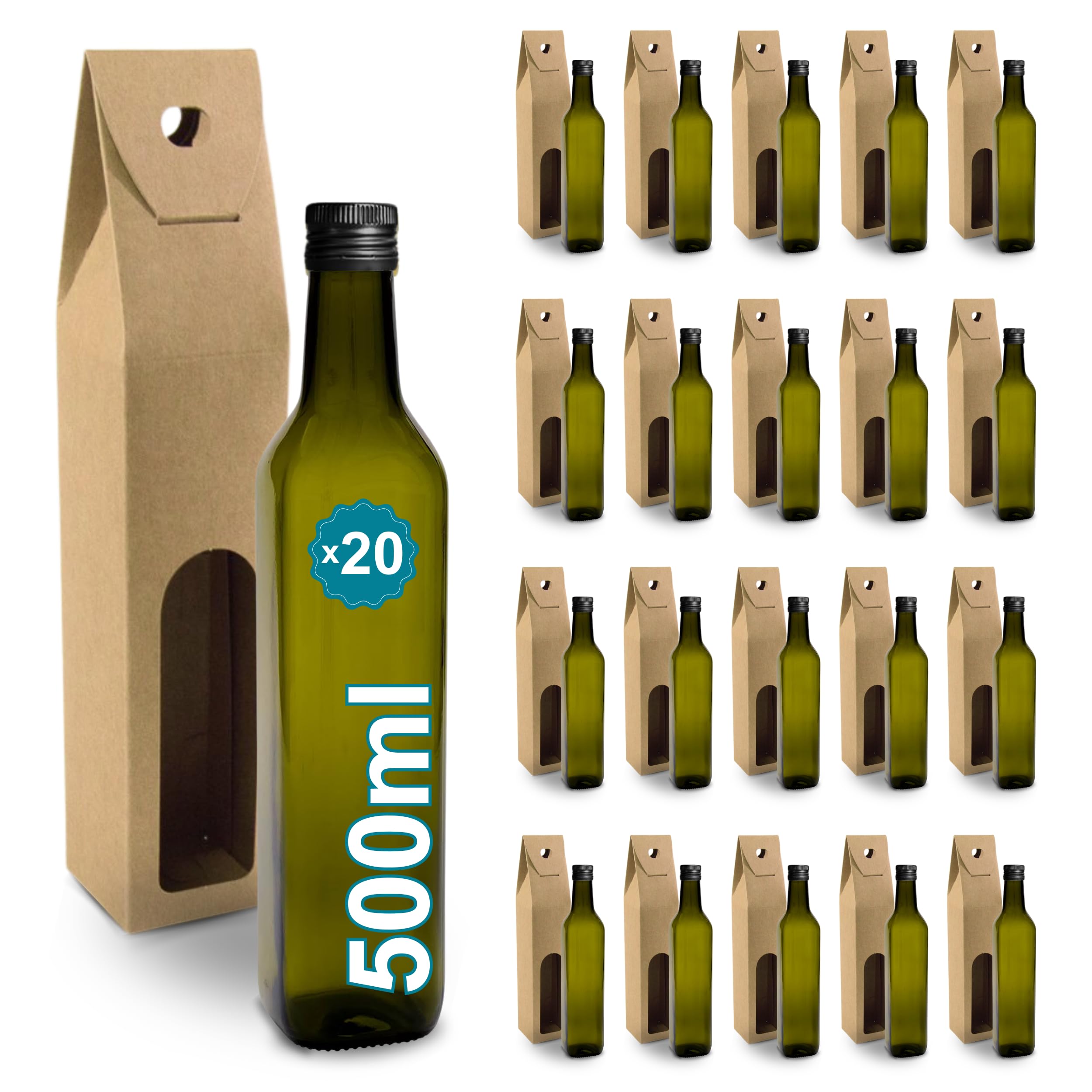 Espirito Rebelde 20 Flaschen aus dunklem Glas, 500 ml, mit schwarzem Schraubverschluss + 20 Dosen | Olivenöl, Essig, Alkohol | Ölflasche aus Glas