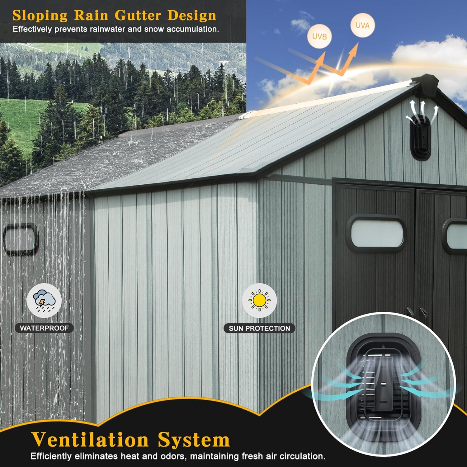 Widok zewnętrzny szopy ze spadzistym dachem i systemem wentylacji