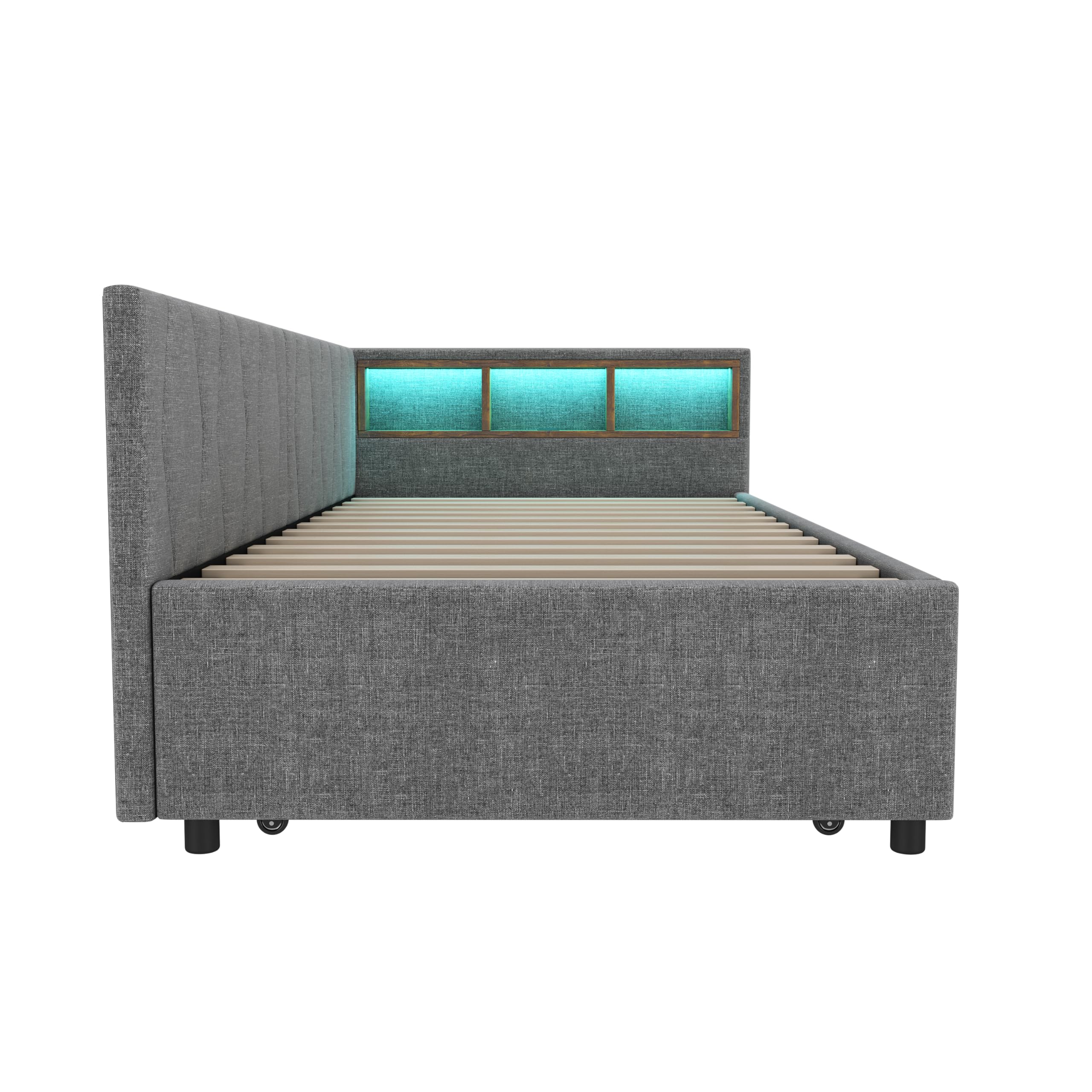 Dolamaní Łóżko tapicerowane 90 x 200 cm, z diodami LED i USB + typ C, łóżko ze stelażem i łóżkiem wysuwanym, dla dzieci, łóżko młodzieżowe, łóżko funkcyjne, łóżko pojedyncze, lniane, bez materaca