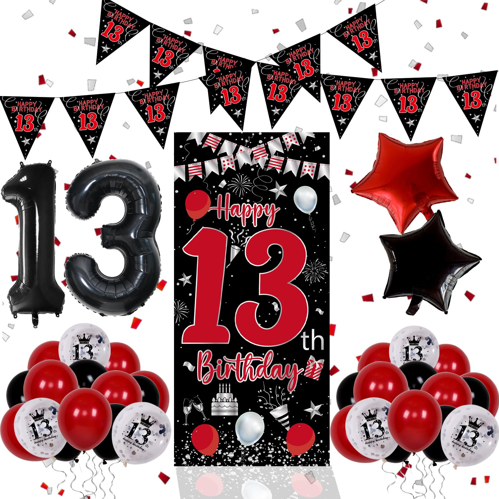13th Birthday Decorations for Boys Girls, Red Black Happy 13th Birthday Door Banner Sign, Boy 13 Year Old Bday Party Decor Triangle Flag, Large 13