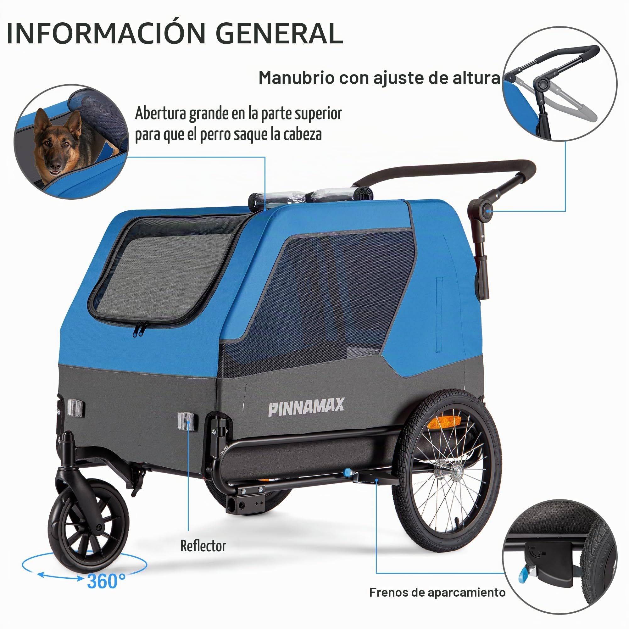 Remolque para Perros PINNAMAX para Bicicletas: Carrito para Mascotas 2 en 1, con una Capacidad de Carga de hasta 45 kg; Remolque para Perros con Enganche Universal para Bicicleta