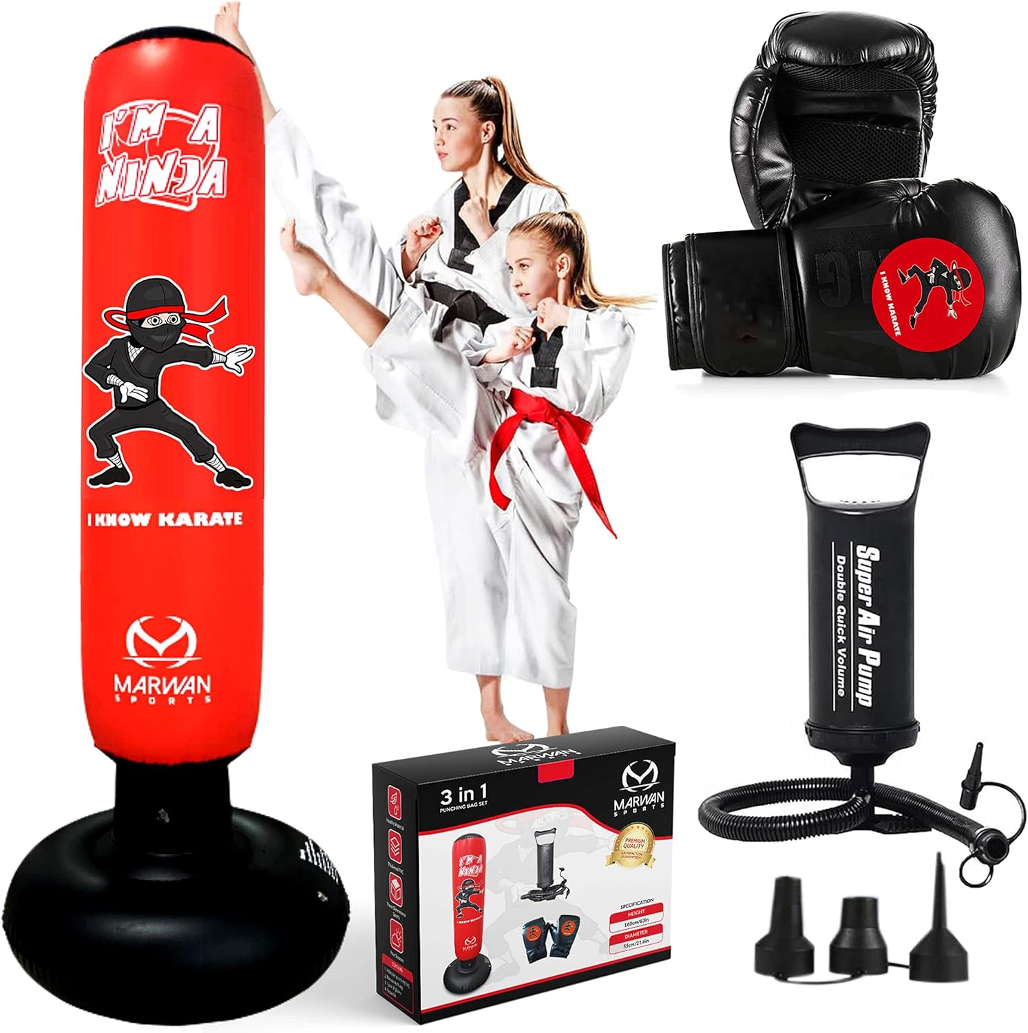 3 in 1 Punching Bag for Kids | Free Standing Ninja Inflatable Kids Punching Bag Set incl Air Pump & Boxing Gloves | Toys for Boys & Girls | Indoor/Outdoor Kids Toys for Karate, Taekwondo : Sports & Outdoors