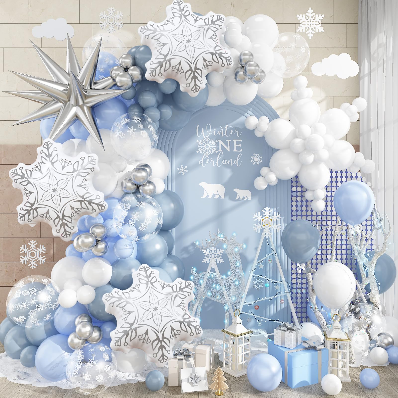 Winter Wonderland Balloon Arch Garland Kit, 138Pcs Dusty Pastel Baby Blue White Silver Snow Balloon with Snowflake Exploding Star Foil Balloons for Princess Winter Onderland Ice Snow Party Decorations