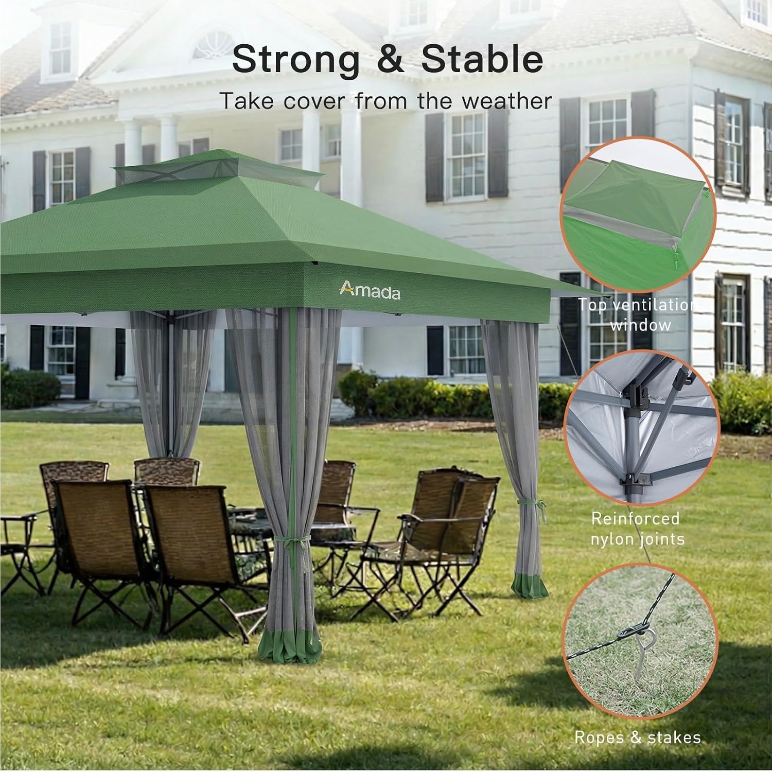 Amada 13x13 Pop Up Gazebo for Backyard & Patio Furniture,Gazebos on Clearance with Wheeled STO-N-Go Cover Bag,Carpa Pop Up Tent Party Tent and Shelter with Mosquito Netting for Lawn,Garden,Deck,Green