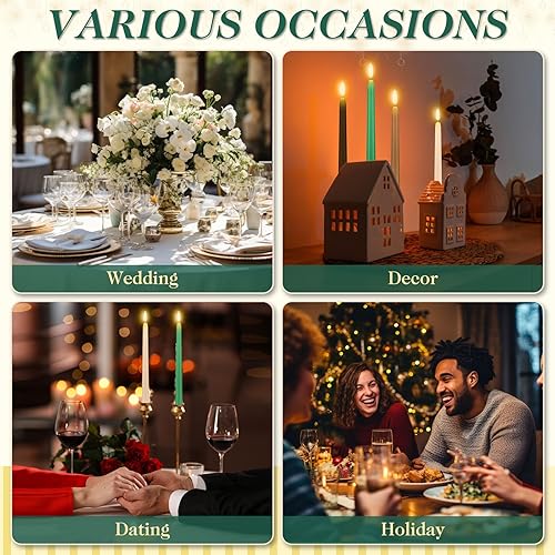 Miniatura 7 de Baquler 24 velas cónicas de Navidad sin llama de 11 pulgadas, funciona con pilas, velas LED de plástico parpadeante verde y marrón para Navidad,