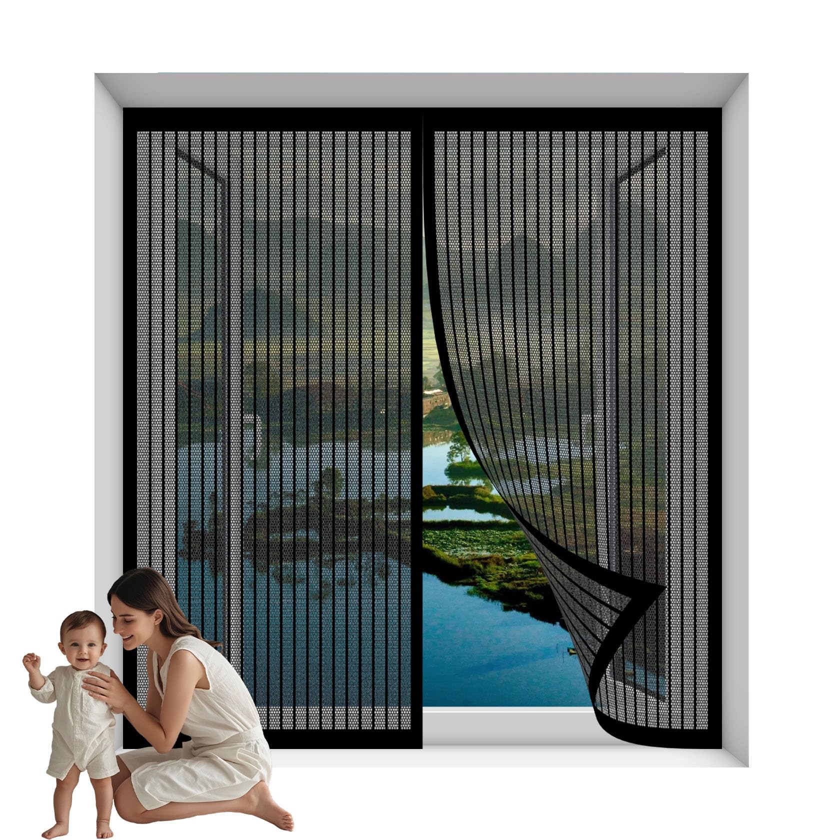 Lijiao Black Mosquito Net Window Fly Screen 110 X 98 Cm With Magnets&Full Frame Magic Tape Keep Self Sealing Cat Screen Door For Balcony Cellar Patio,