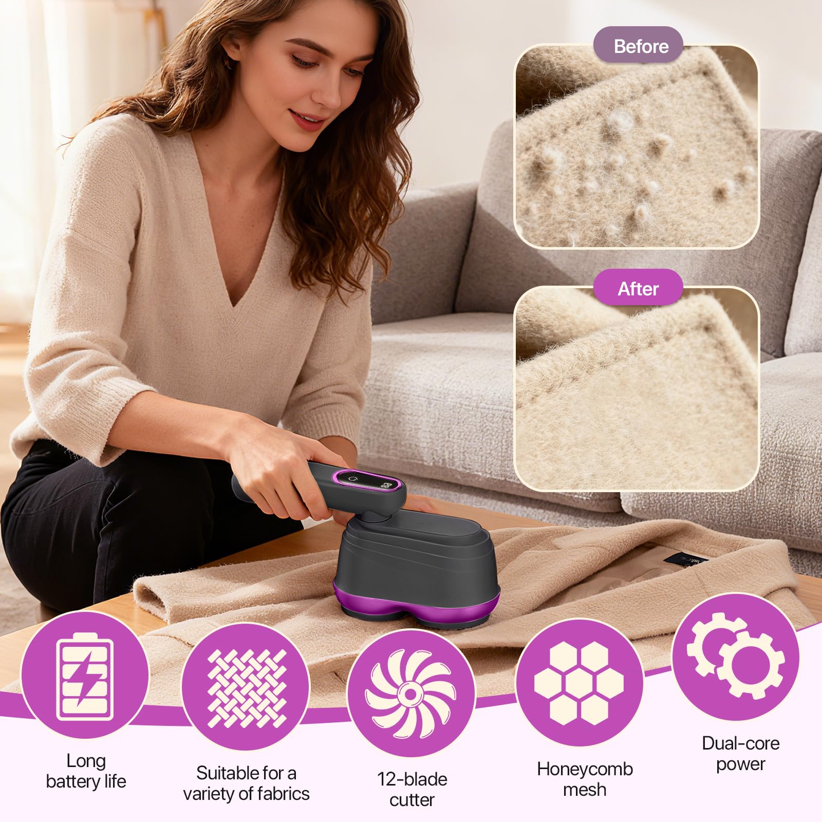 RoserRose Fusselrasierer Elektrisch Doppelkopf mit Klappbarem Griff –Fusselrasierer Kleidung mit LED-Akku-Anzeige – Pilling mit 4 Stück 24 Klingen – Fabric Shaver für Alle Stoffe - Black