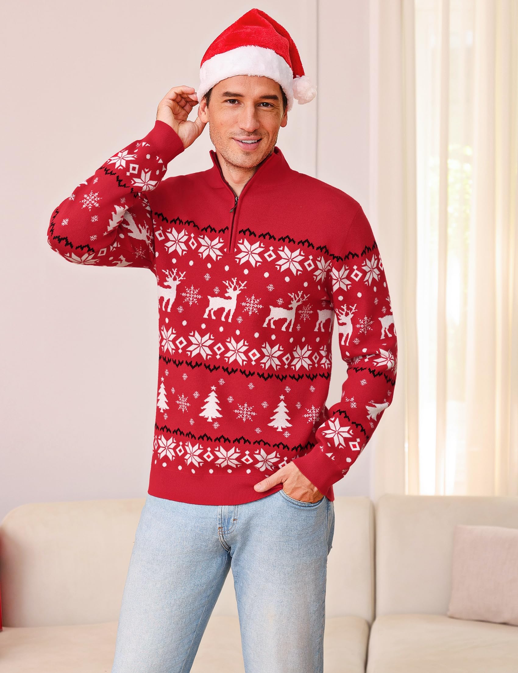 Maglione Natalizio Uomo Maniche Lunghe Zip Un Quarto Motivo Renna | Tessuto Morbido, Maniche Lunghe, Lavorazione a Maglia, Calore Confortevole, Vestibilità Regolare, Autunno e Inverno