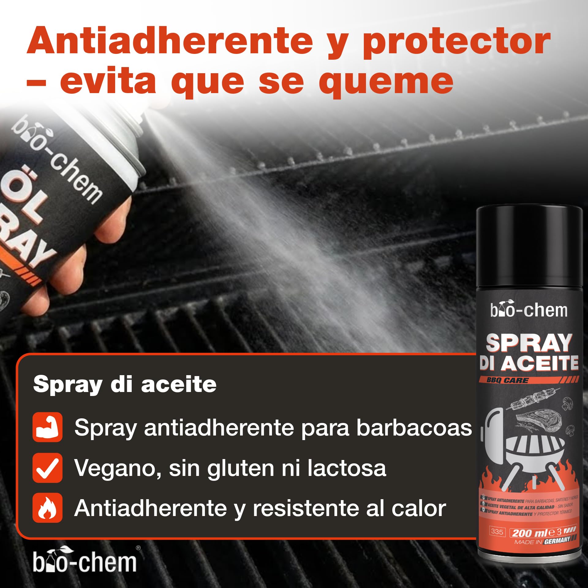 Bio-Chem - Decapante resina quemaduras 500ml - Limpiador superficies barbacoas 750ml - spray pulverizador de aceite 100ml apto para AirFryer - Con cepillo y esponja - Profi Set 5 productos | Con desengrasante, eliminador de resina de humo, spray de aceite