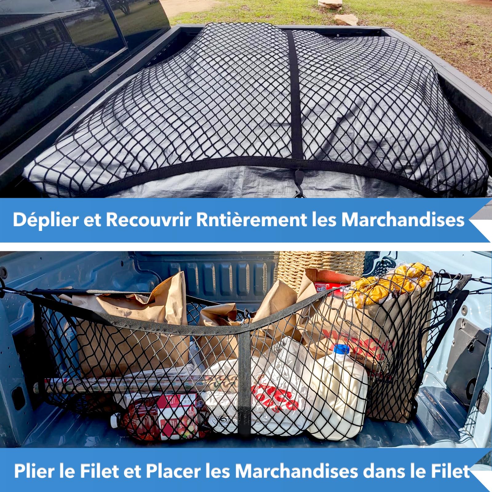 Filets pour Auto, Filet Rangement Van, Elastique Filet de Tension avec Crochets, Filet pour Remorque 1,2 x 1,2 m Extensible Jusqu'à 2,1 x 2,1 m, Filet de Fret pour Pick-up, Camion