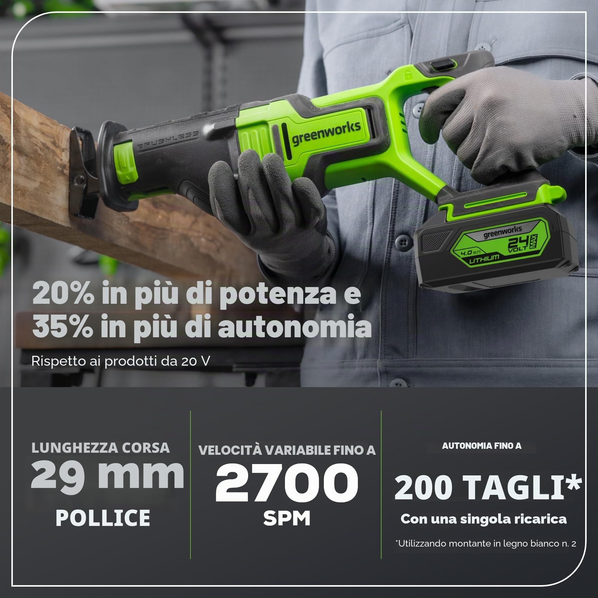 Greenworks Sega a batteria da 24 V e sega universale a batteria, altezza di sollevamento 26 mm, brushless, con lama per sega, batteria da 2 Ah e caricatore
