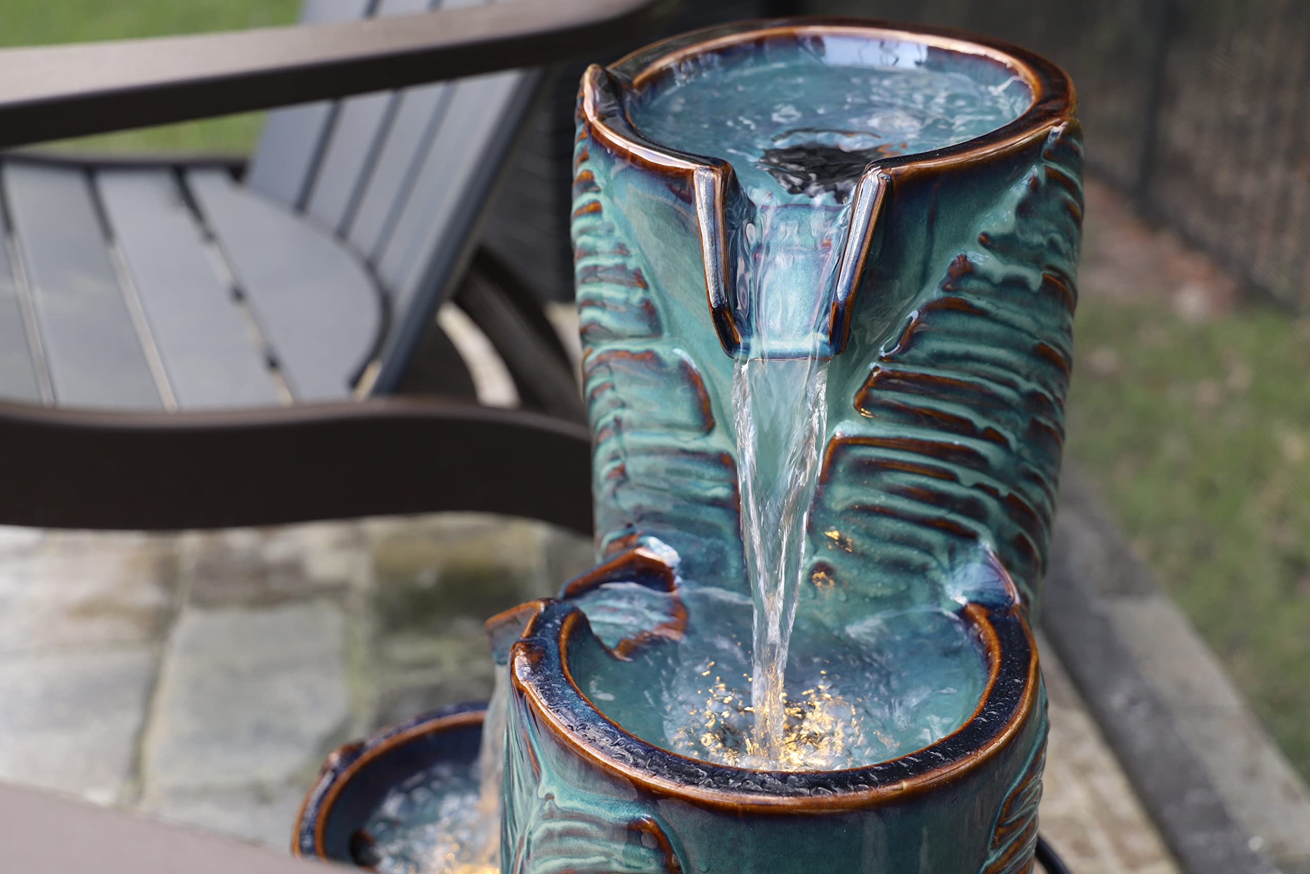 Kenroy Home 51114TL Palm Fountain with Blue Teal Brown Glaze Finish, Casual Style, 25.2" Height, 13.4" Width, 13.4" Depth