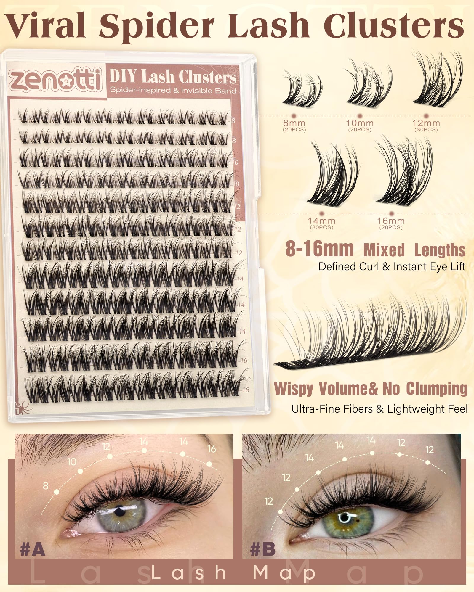 Spider Lash Clusters Wispy Eyelash Clusters Natural Breeze Lashes Cluster Venus Cluster Eyelash Extensions D Curly Cosplay Individual Lashes with Invisible Band DIY at Home 8-16mm by zenotti - 3