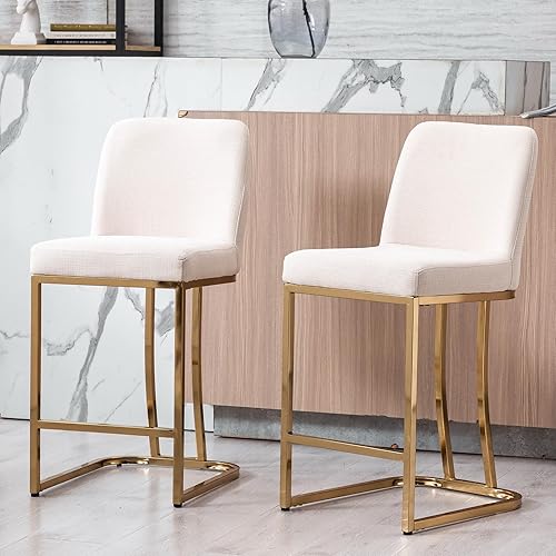 Miniatura 3 de Juego de 2 taburetes de bar modernos dorados de lino con patas doradas, sillas de isla tapizadas de cocina con respaldo para isla de bar, isla de