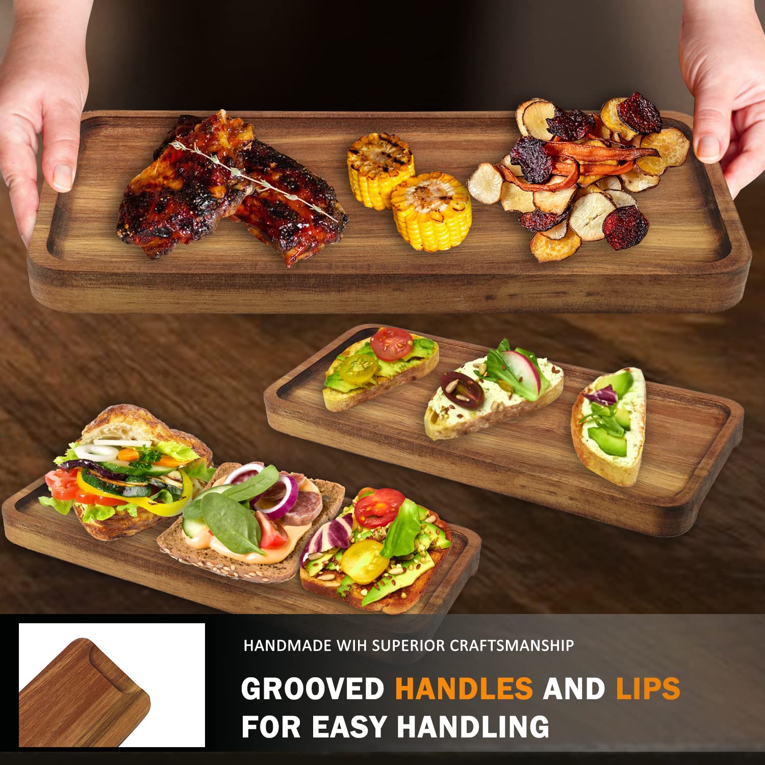 Bandeja de madera para servir, 9.8 x 5.1 pulgadas, juego de 5, bandeja de madera de acacia, perfecta para servir charcutería, postres, salsas, sushi, fiestas, reuniones familiares, bodas y decoración