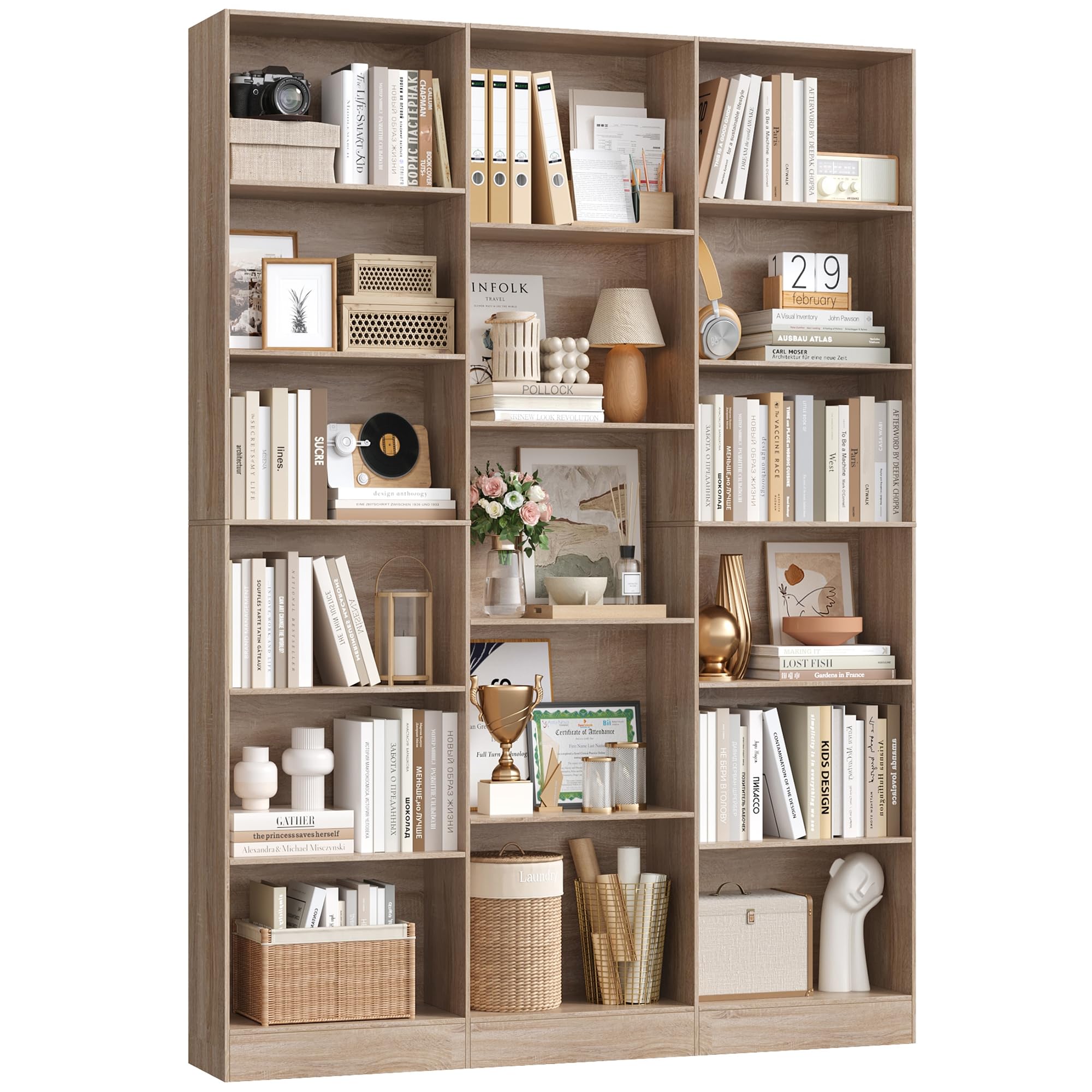 FirFurd Bookcase Oak Bookshelf 188cm Living Room Bookcases Free Standing 6-tier Tall Shelving Unit Display Shelf with 17 Compartments for Home Office 188x149x23.5cm