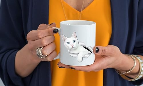 Miniatura 2 de Winston & Bear Taza de café de cerámica de gato blanco con ojos azules, regalo perfecto para gatos blancos, divertida taza de café de gato blanco