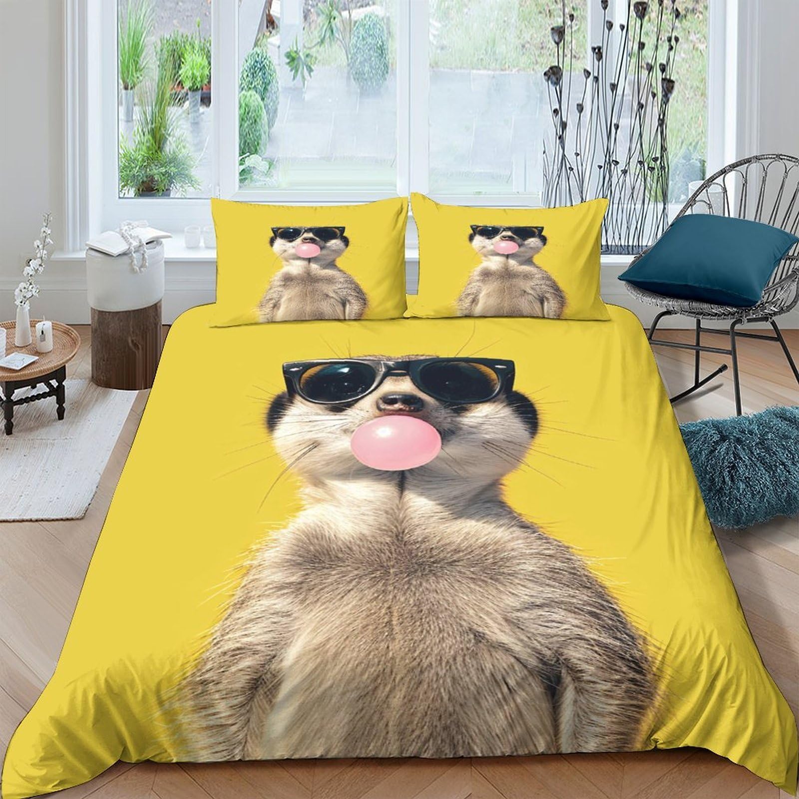 Ctjqhvkz Style-9 3D Printed Meerkat Sunglasses Fitted Sheet Microfiber Fun Animal Bed Cover Yellow For Bedroom Dorm Mattress Protector Single（135X200cm）