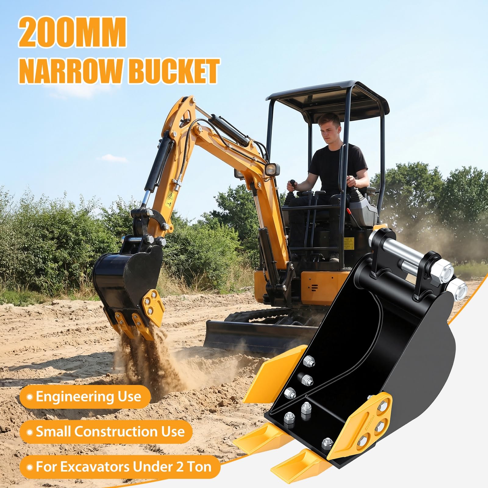Schmaler Baggerlöffel 200mm Minibagger, Manganstahl, verschleißfest | Schmaler 200mm Minibaggerlöffel aus Manganstahl für Rohrgrabung & Grabenverfüllung, 90mm Aufnahme, 25mm Bolzen Schwarz