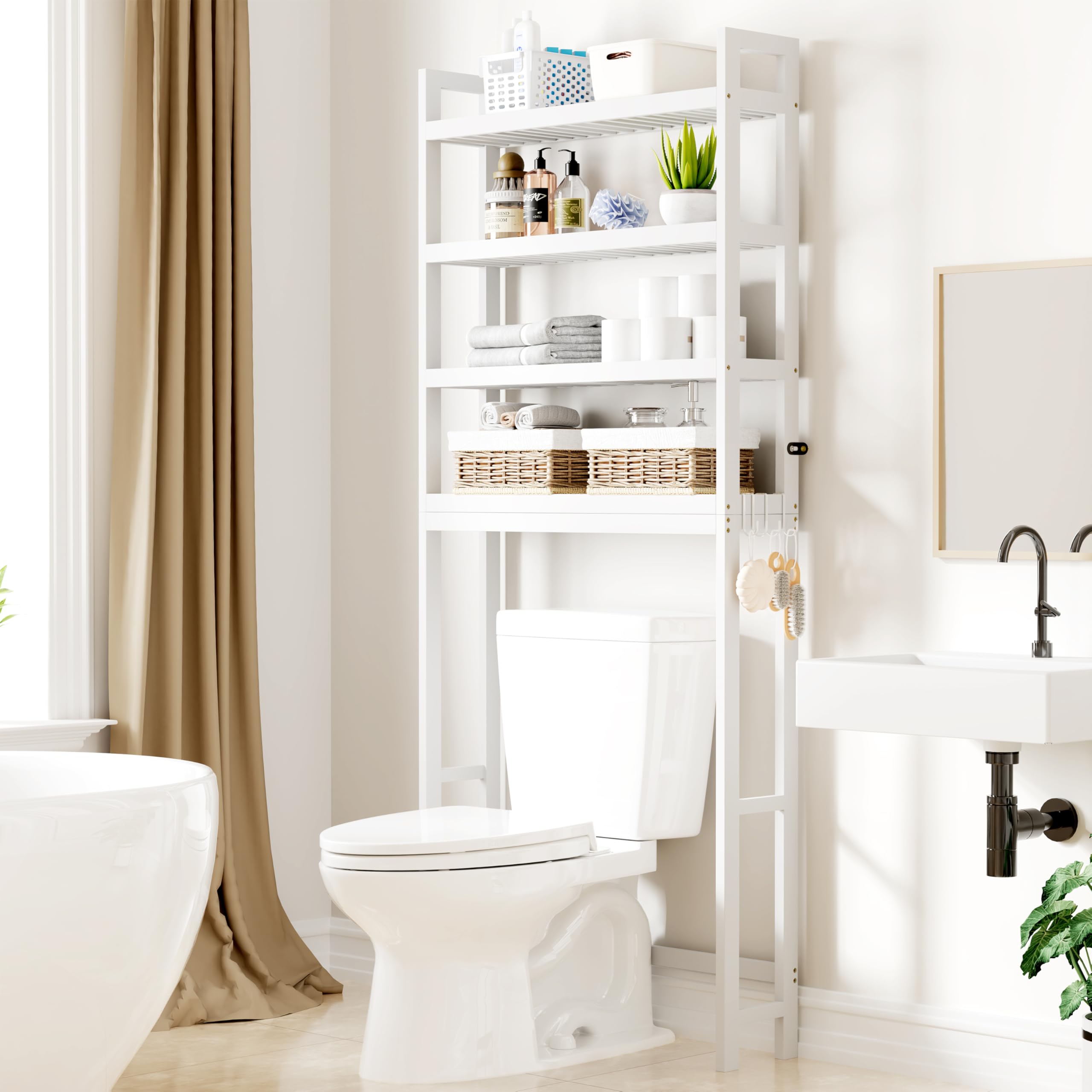Smiry Bamboo Over The Toilet Storage Cabinet, 4 Tier, White