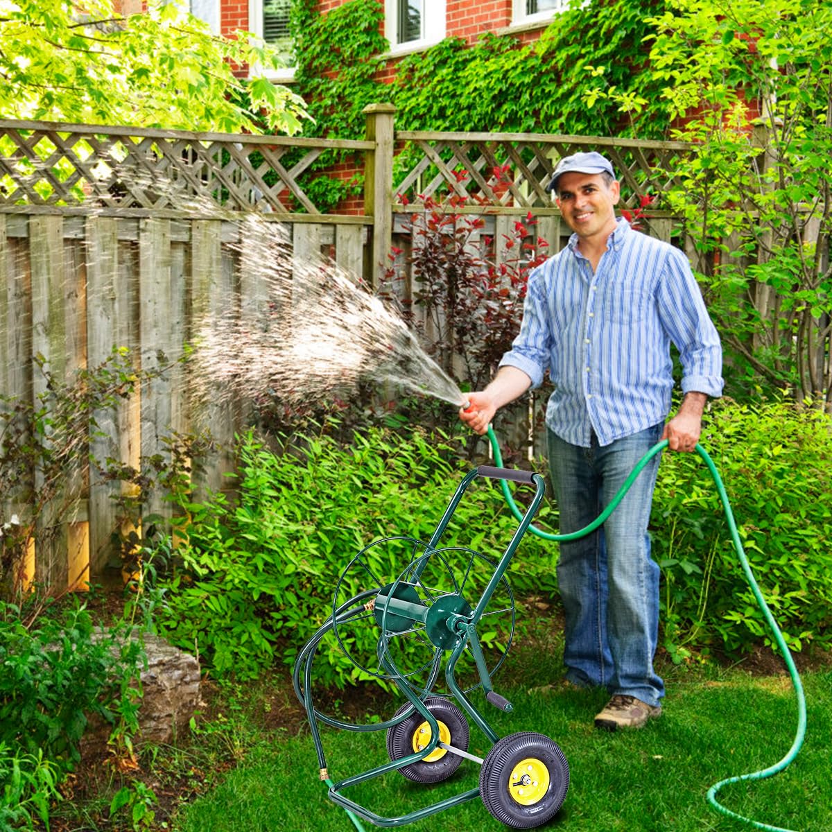 GOPLUS Schlauchwagen Metall, Gartenschlauchwagen für 3/4" Schlauch bis 61m, Schlauchtrommel mit Gummirädern & 188 cm Einlassschlauch, Schlauchaufroller Garten, 71 x 53 x 96,5cm, Grün