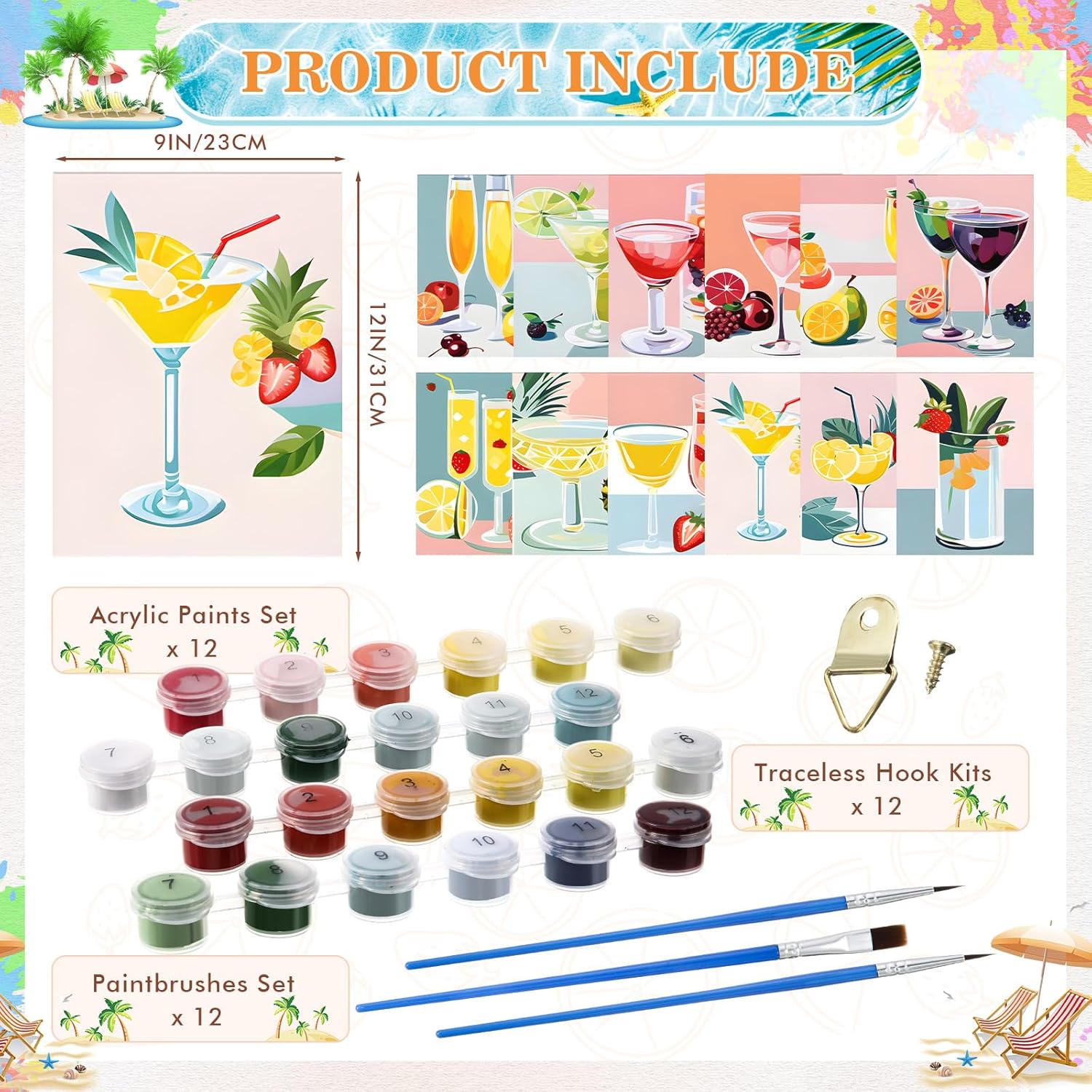 Humyoun 12 Pack Paint by Numbers Kit for Adults Beginners DIY Acrylic Oil Painting Paint by Number Kits Drawing Paintwork on Canvas Without Frame for Home Decor 9 X12 Inch(Summer Fruit Style)