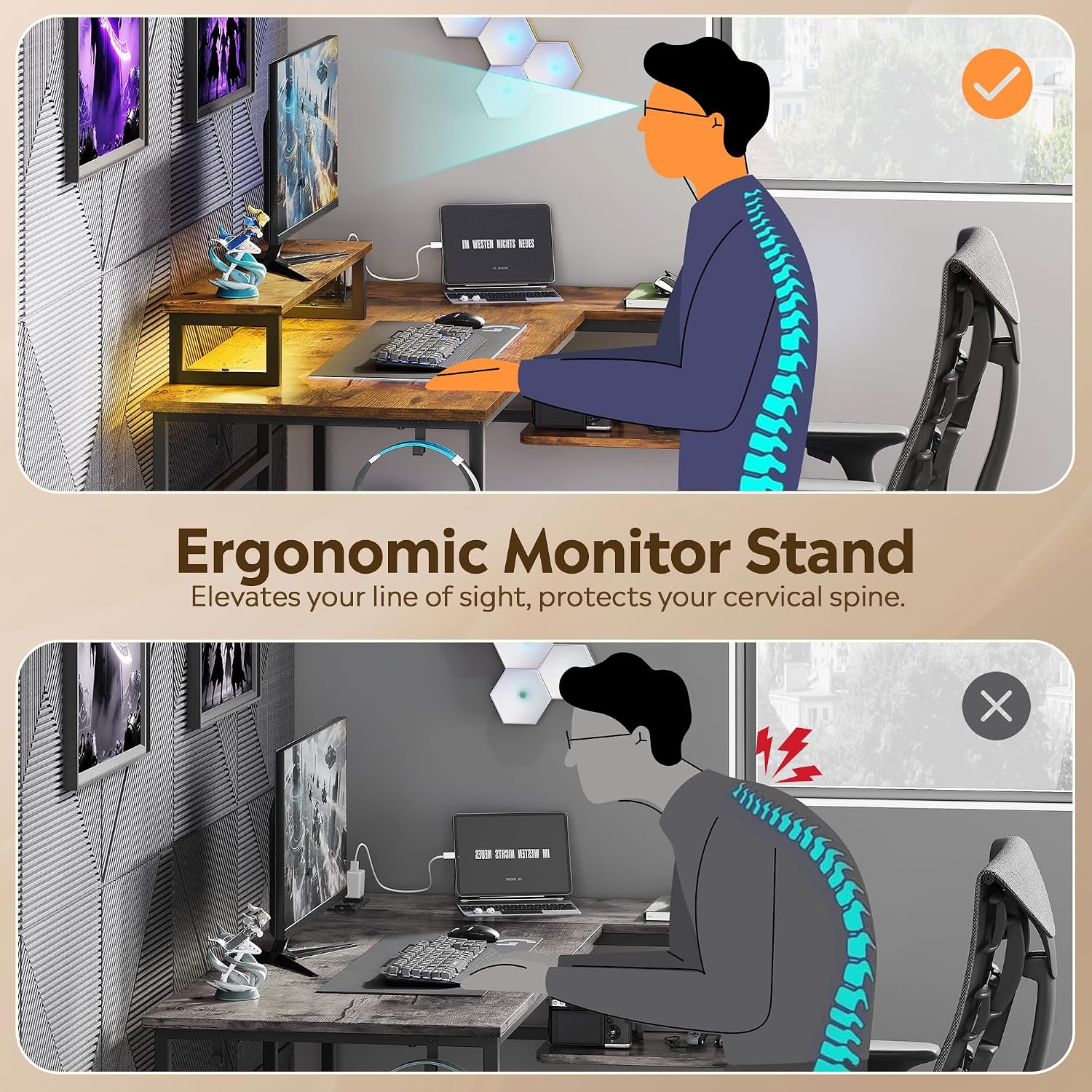 Illustration demonstrating correct ergonomic posture with the monitor stand versus incorrect posture without it