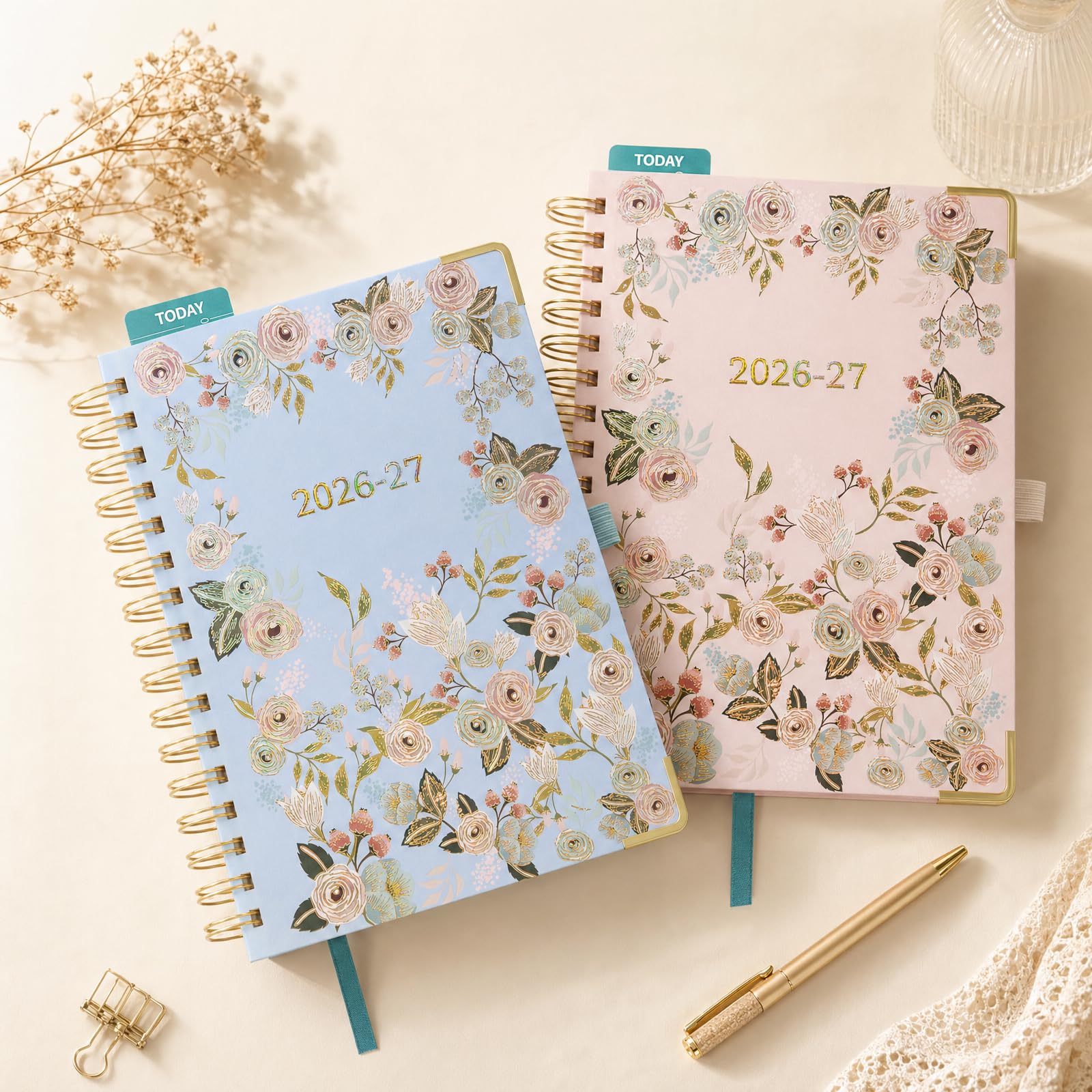 BEZEND Agenda Escolar 2026 2027 Día por Página A5 Espiral, 12 Meses de Ago.26 a Jul.27, Agenda Diaria Diseño Floral 15,5 x 21 cm, Dia Vista con Intervalos de 30 minutos, Tapa Dura - Rosa