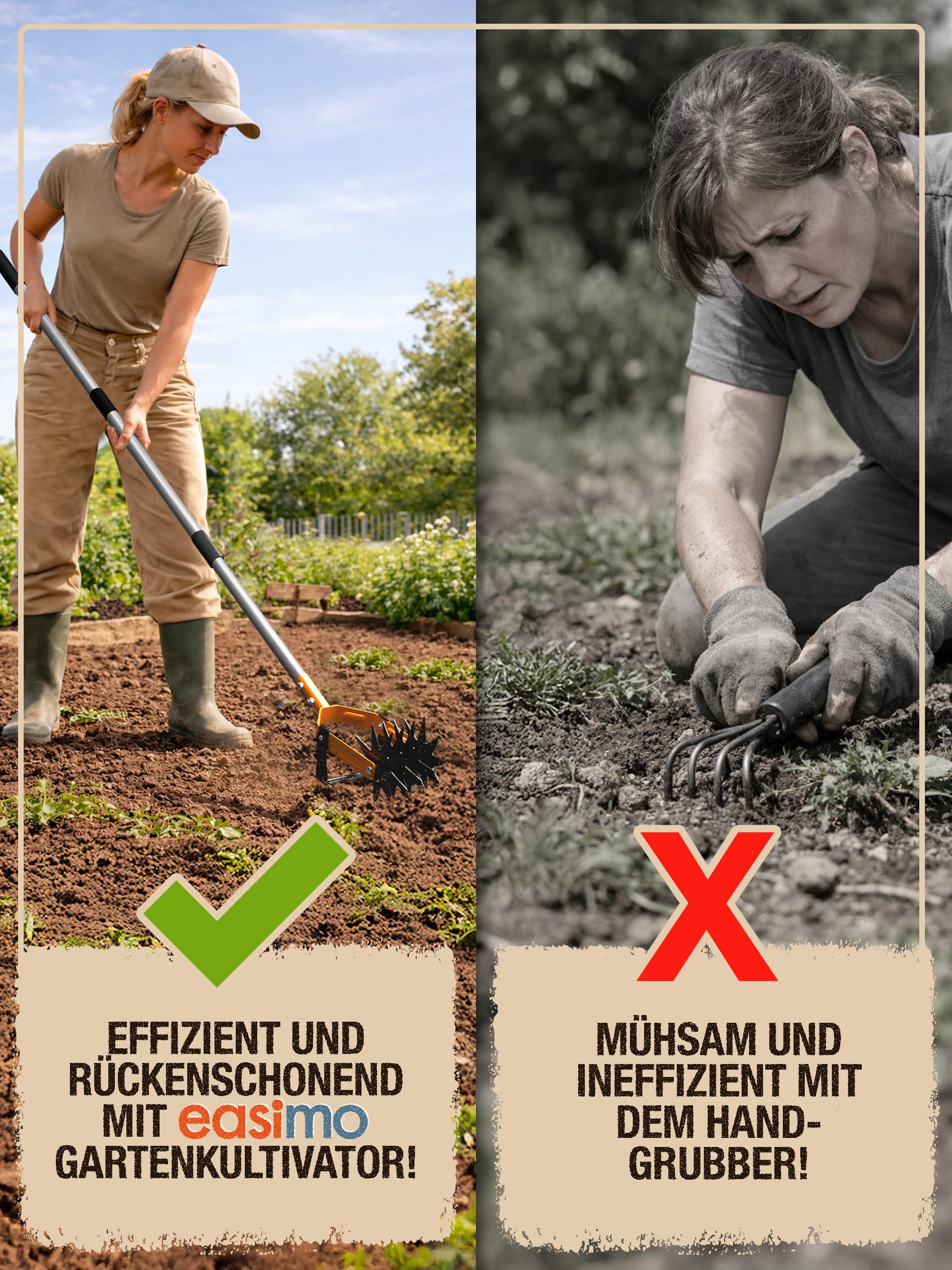 Rotationsgrubber Garten | Manueller Kultivator mit Sternrädern & Unkrautmesser | Verstellbarer Edelstahl Gartenfräse zur Bodenlockerung
