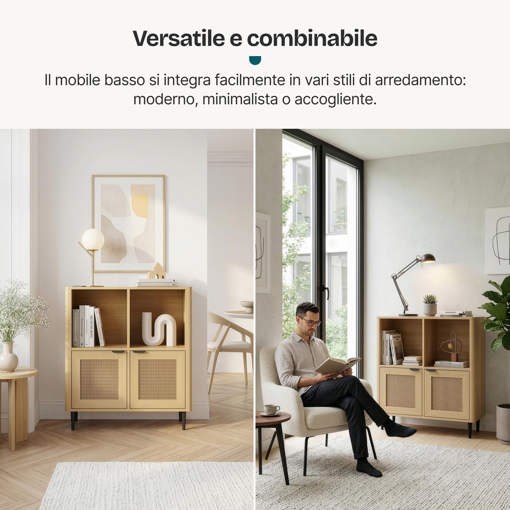 [en.casa] Mobile Contenitore Multiuso a 2 Ante Credenza con 4 Vani Portaoggetti Scomparti Chiusi Aperti per Soggiorno Camera da Letto Ingresso Studio 85 x 75 x 30 cm - Effetto Rovere/Rattan