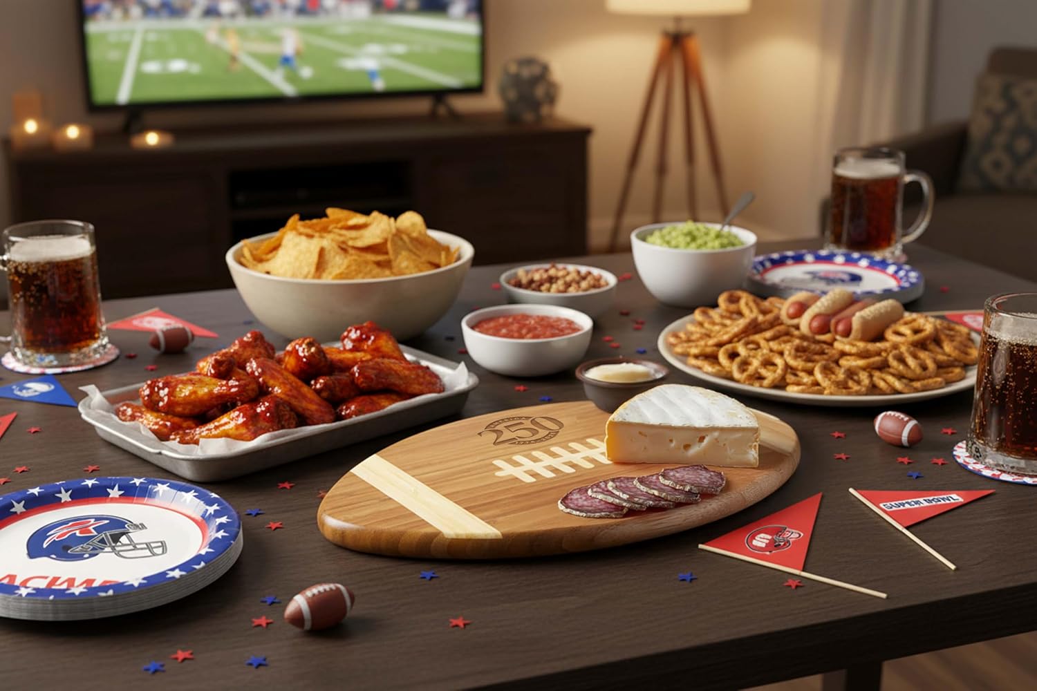 PICNIC TIME America250 Touchdown Football Cheese Board, Novelty Charcuterie and Serving Board with Two Toned Design, Wood Cutting and Display Platter, (Bamboo)