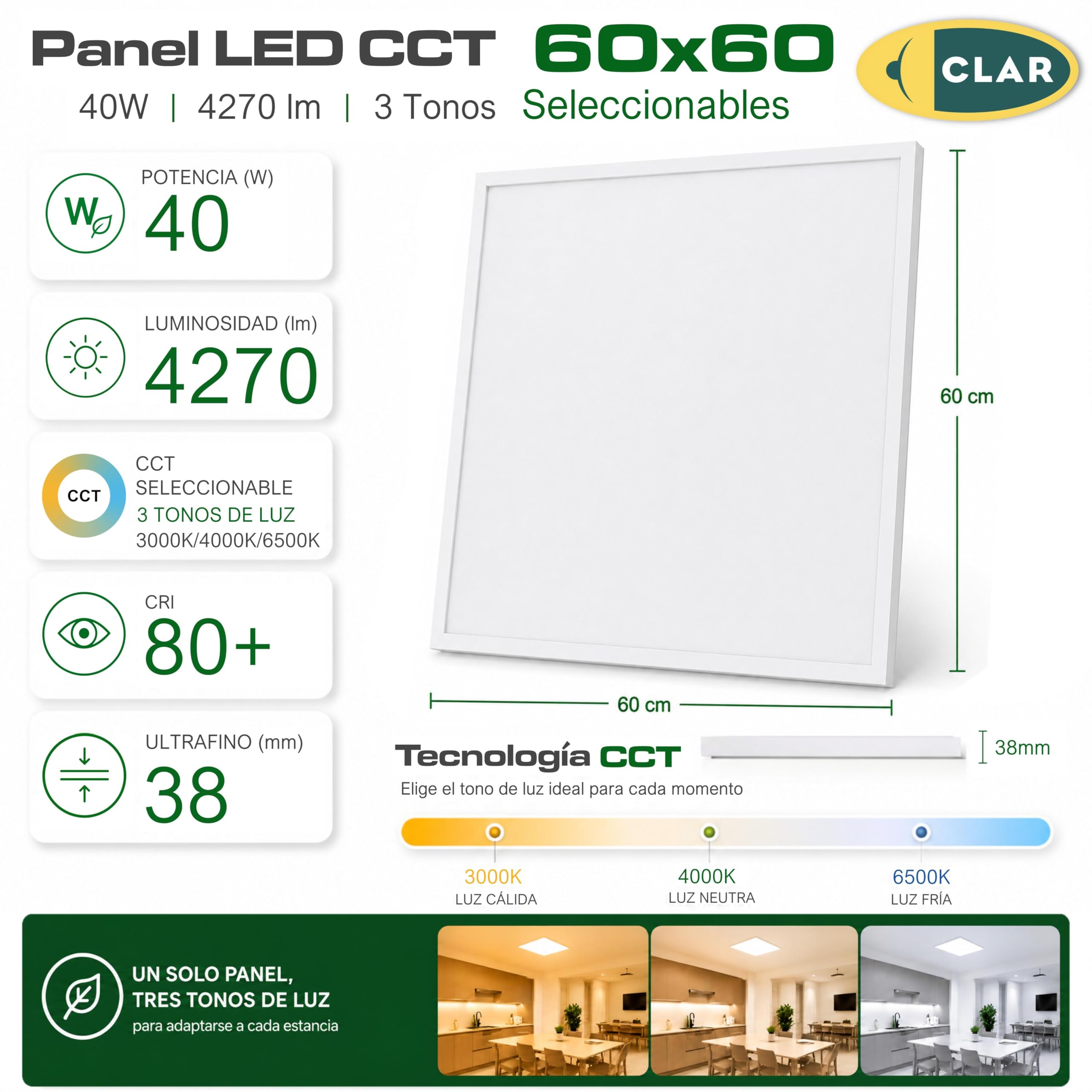 CLAR - Plafon LED Techo, Plafones Para Techo LED, Candeeiro Teto Cozinha, Candeeiro De Teto, Lampara Cocina, Lampara 60x60 CCT (Selector de Color Blanco Calido, Neutro y Frio) (Pack 1)