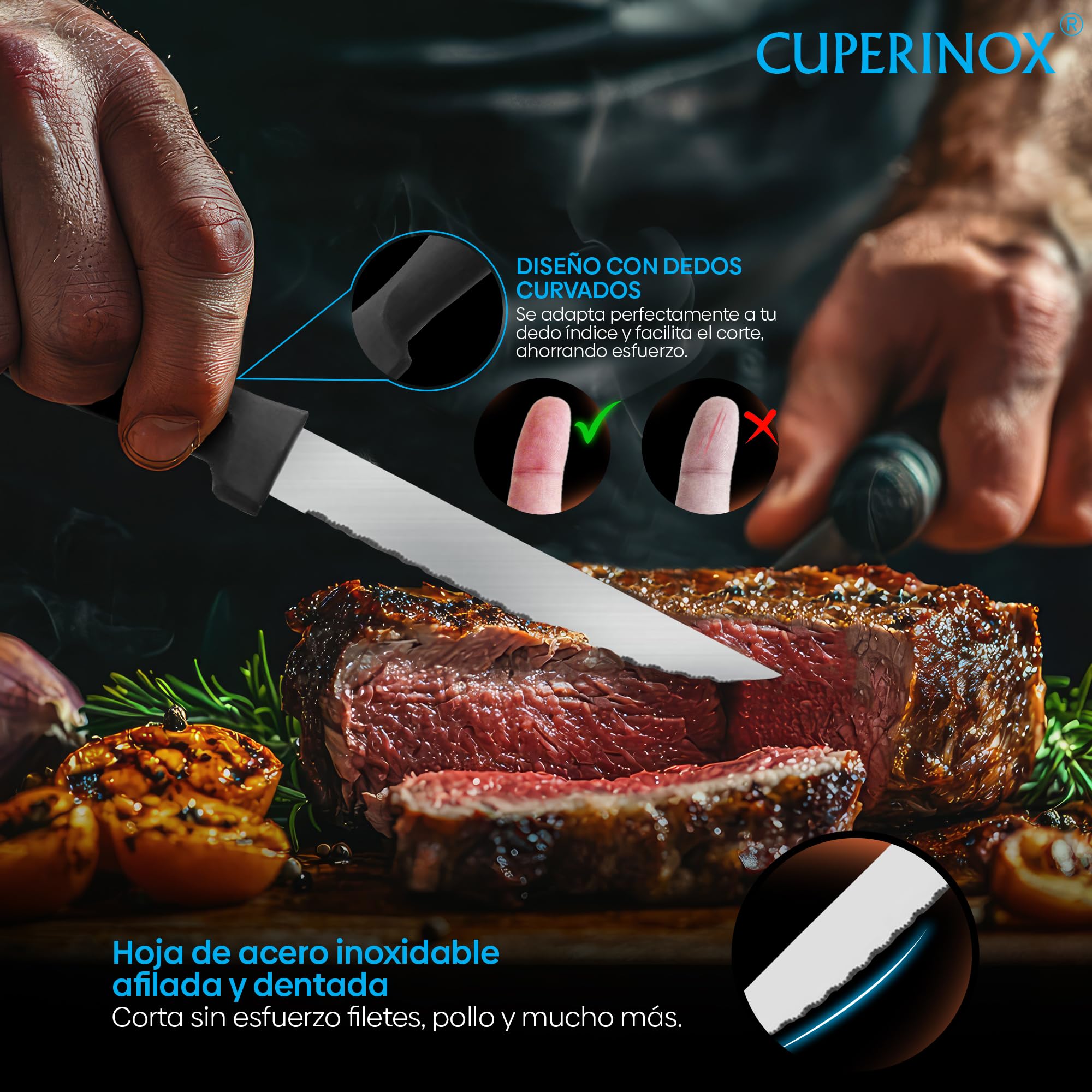 Cuchillos de Mesa Acero Inoxidable – Set Profesional 12 Piezas con Hoja Serrada de 11 cm y Mango Ergonómico Antideslizante – Para Carne, Verduras y Pescado