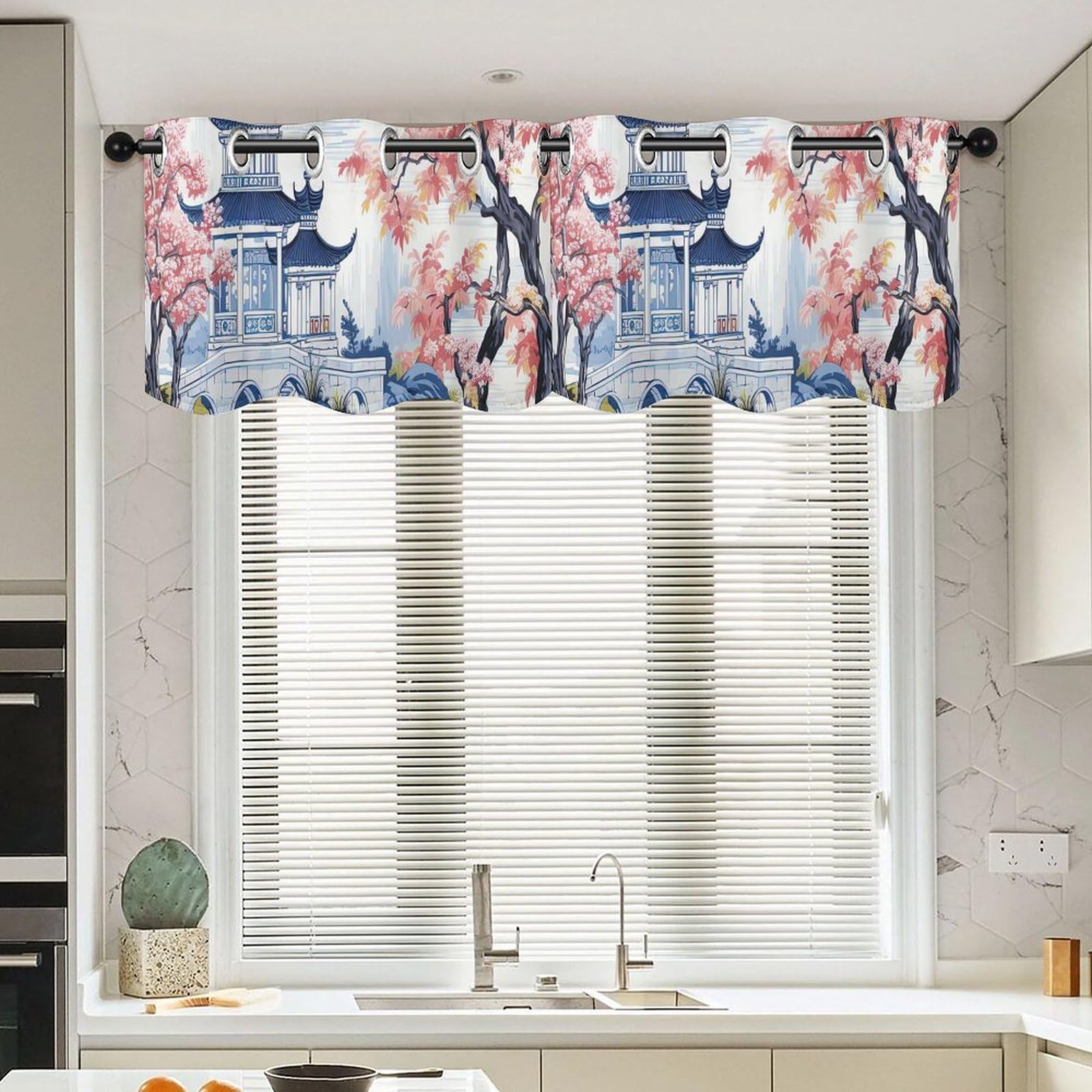 Cortina corta exótica estilo pagoda Chinoiserie con elegante cenefa dinastía