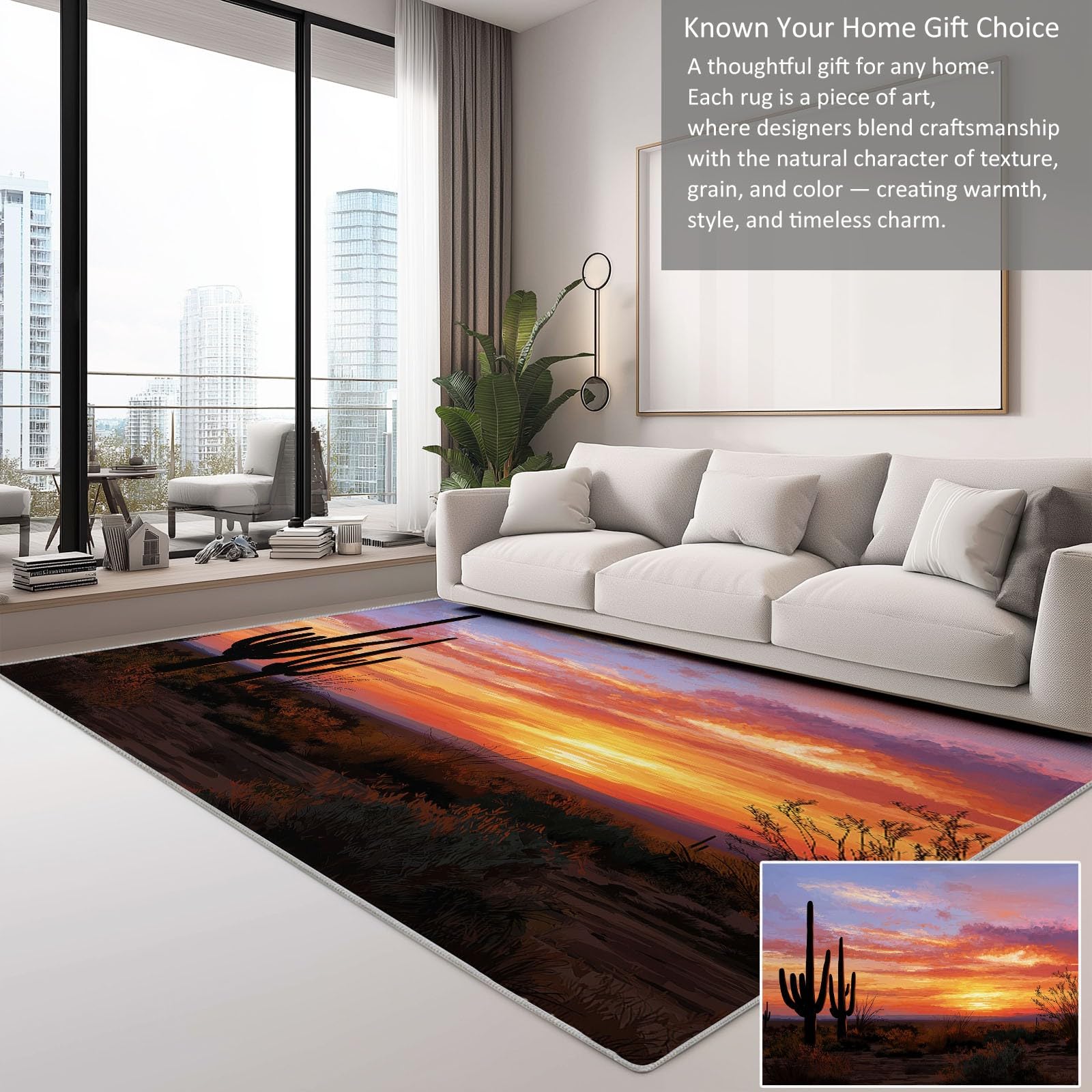 Teppich Wohnzimmer Sonnenuntergangs Wüstenkaktus 120x180cm Großer Flauschiger Kurzflor Teppich, Waschbarer Moderner rutschfest Teppiche für Esszimmer Küchen Schlafzimmer